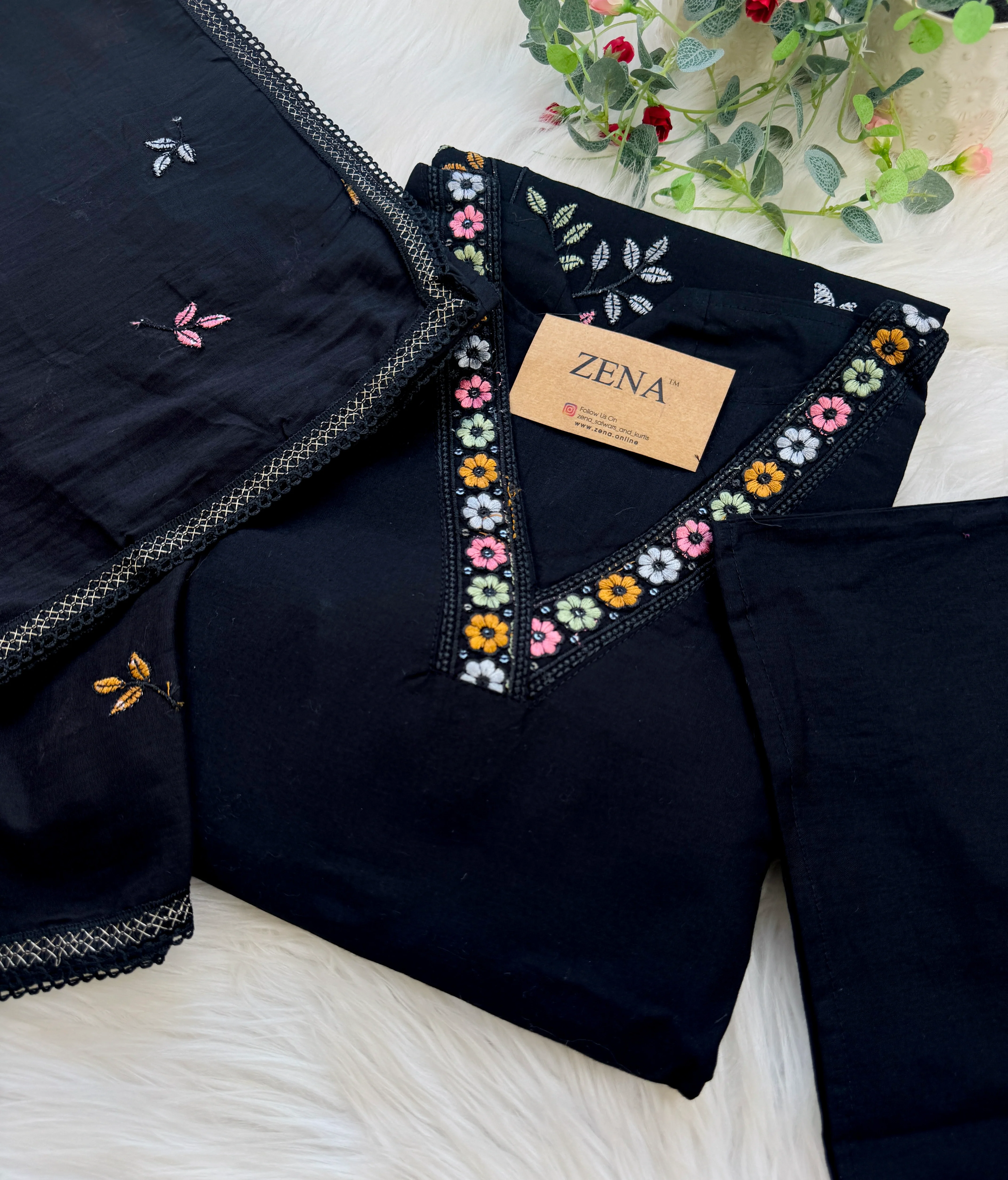 ✨ Cotton Embroidered V-Neck Kurti Set ✨