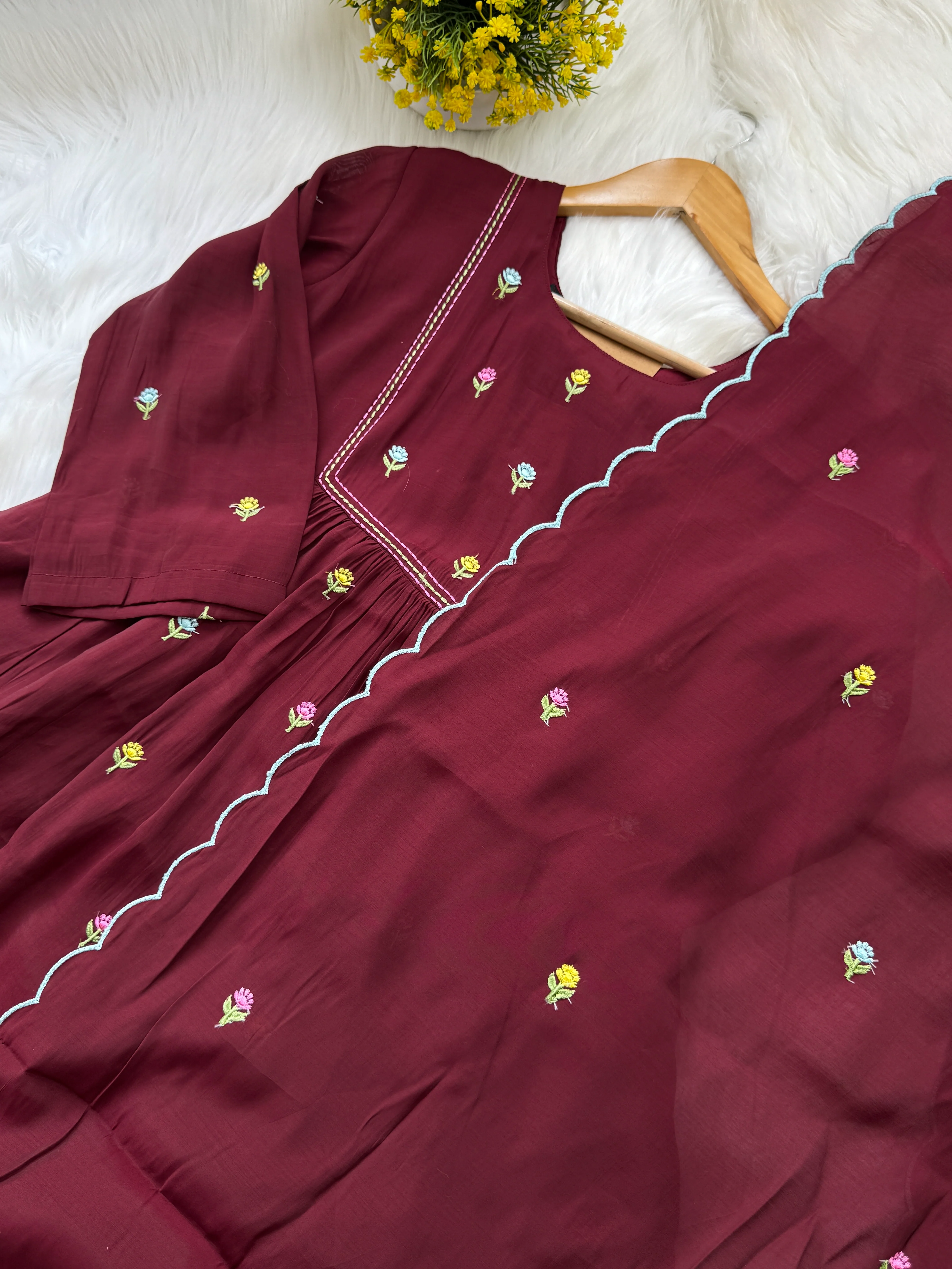✨ Glass Chanderi Anarkali Kurti Set – Top, Bottom & Dupatta ✨ - Image 3