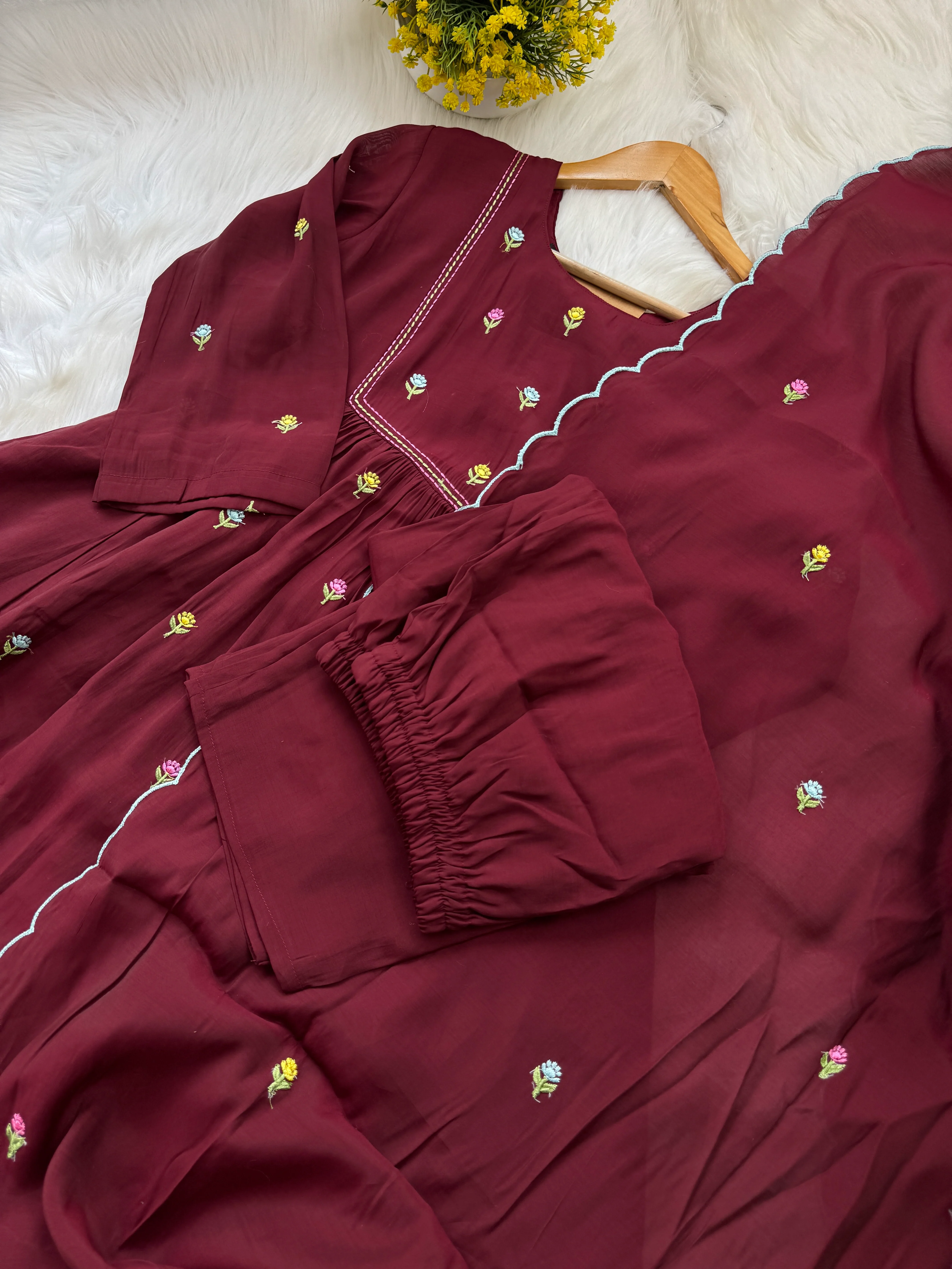 ✨ Glass Chanderi Anarkali Kurti Set – Top, Bottom & Dupatta ✨ - Image 4