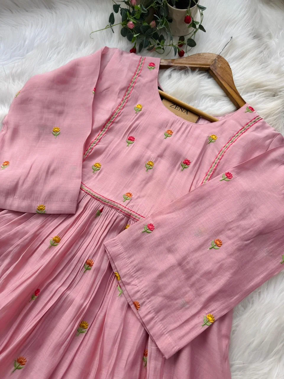 ✨ Glass Chanderi Anarkali Kurti Set – Top, Bottom & Dupatta ✨ - Image 3