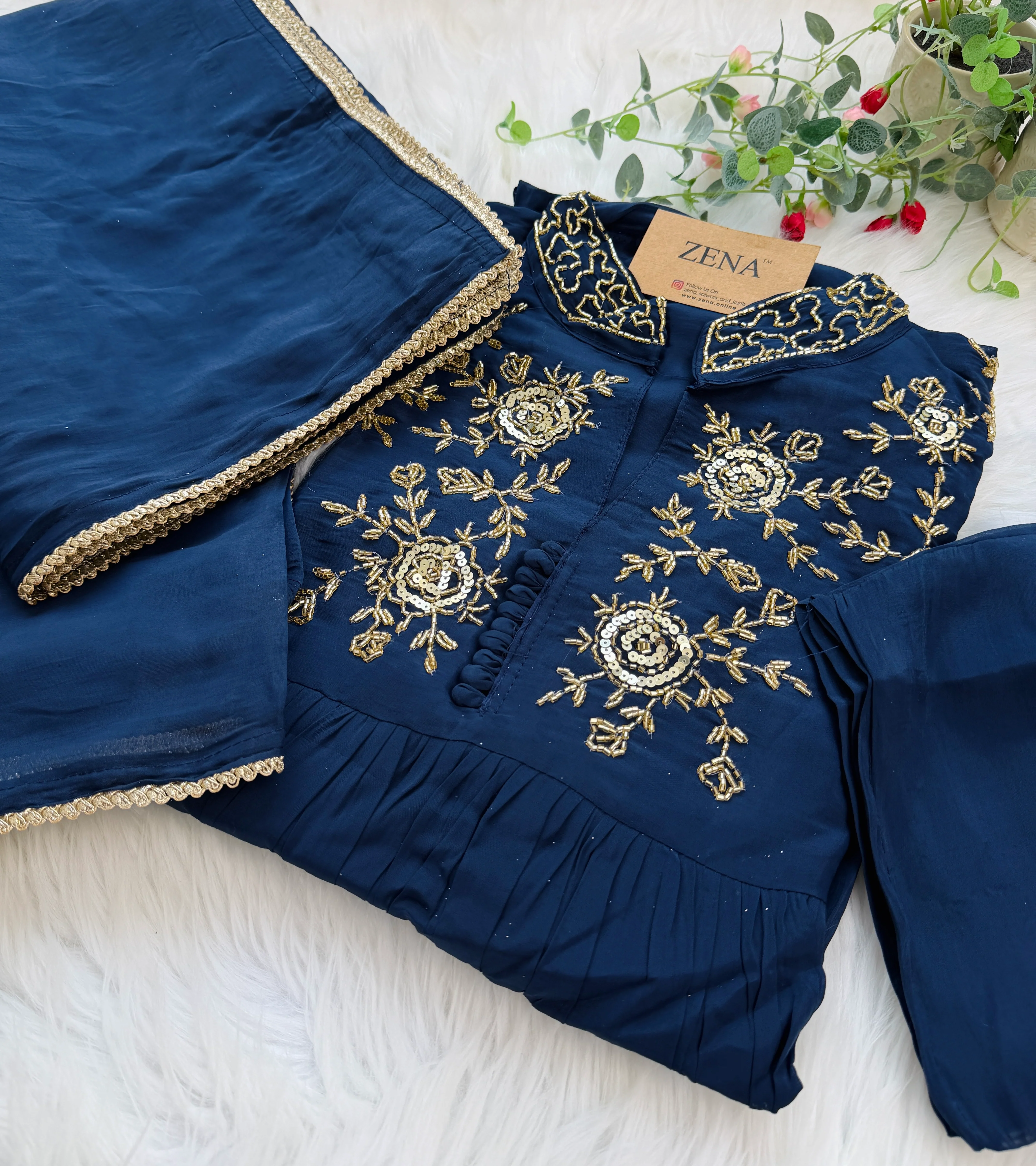✨ Glass Chanderi Handwork Anarkali Set ✨