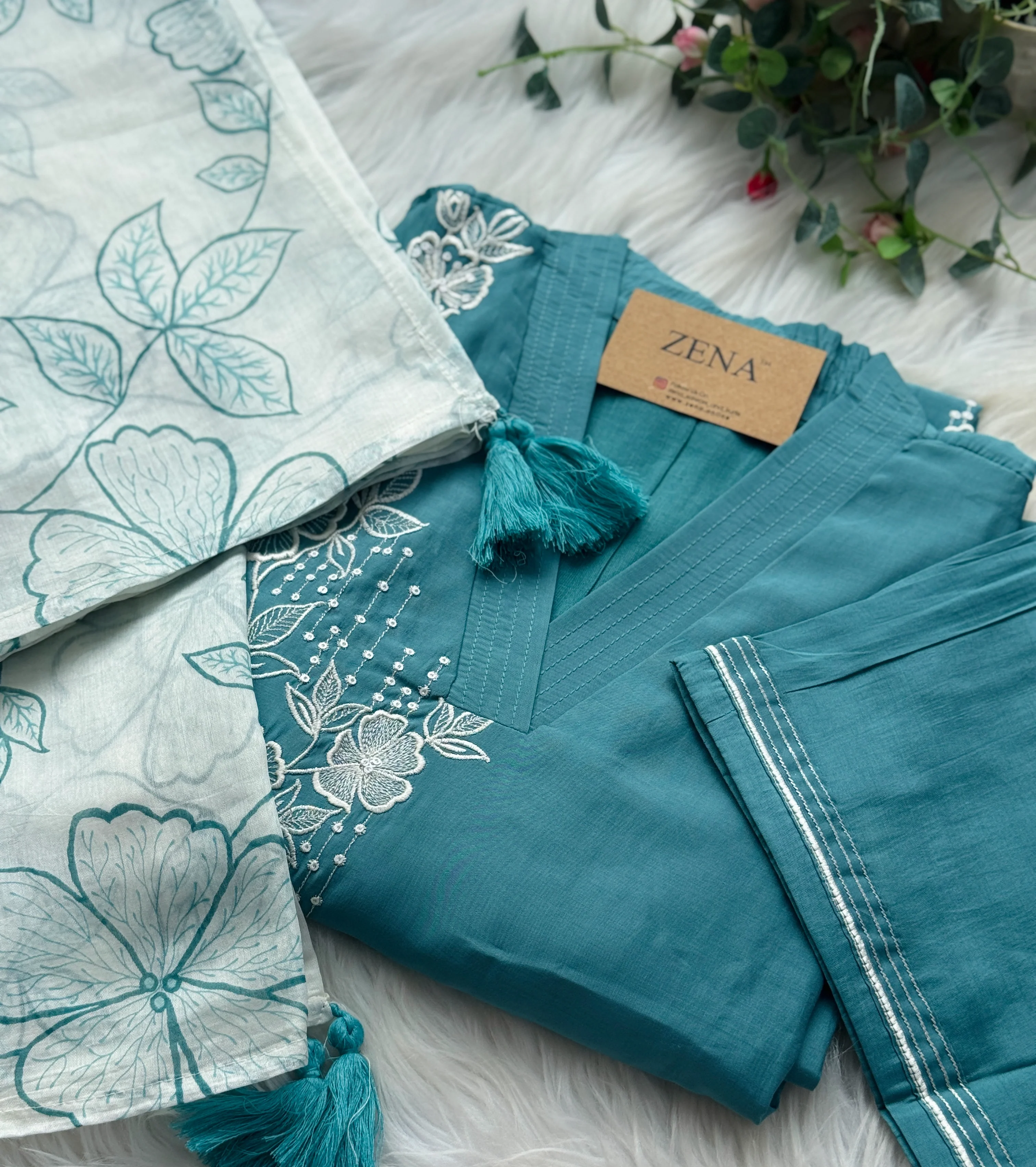 ✨ Modal Mul Chanderi Embroidered Kurti Set ✨