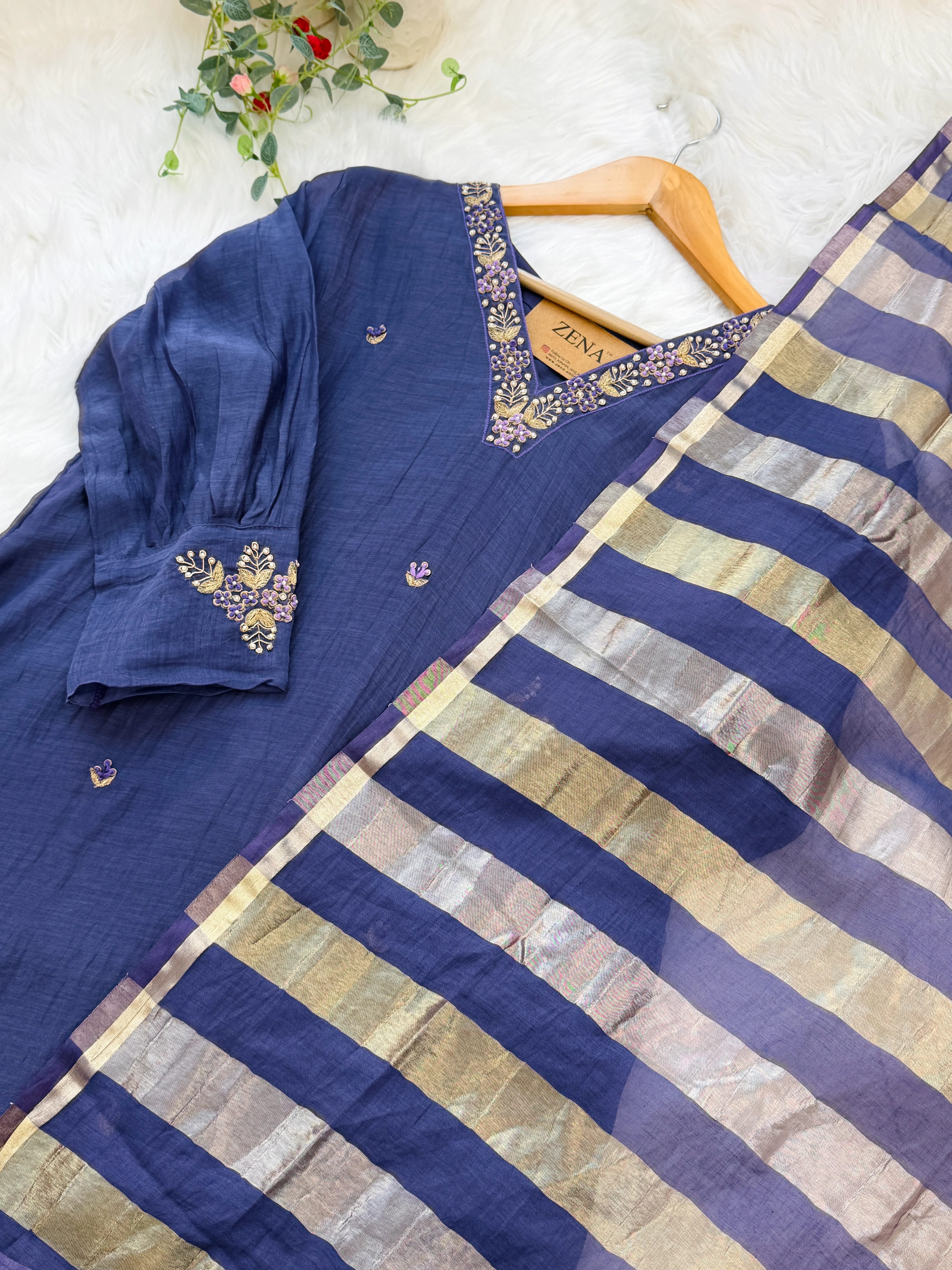 ✨ Mul Chanderi Hand Detailed V-Neck Kurti Set ✨ - Image 3