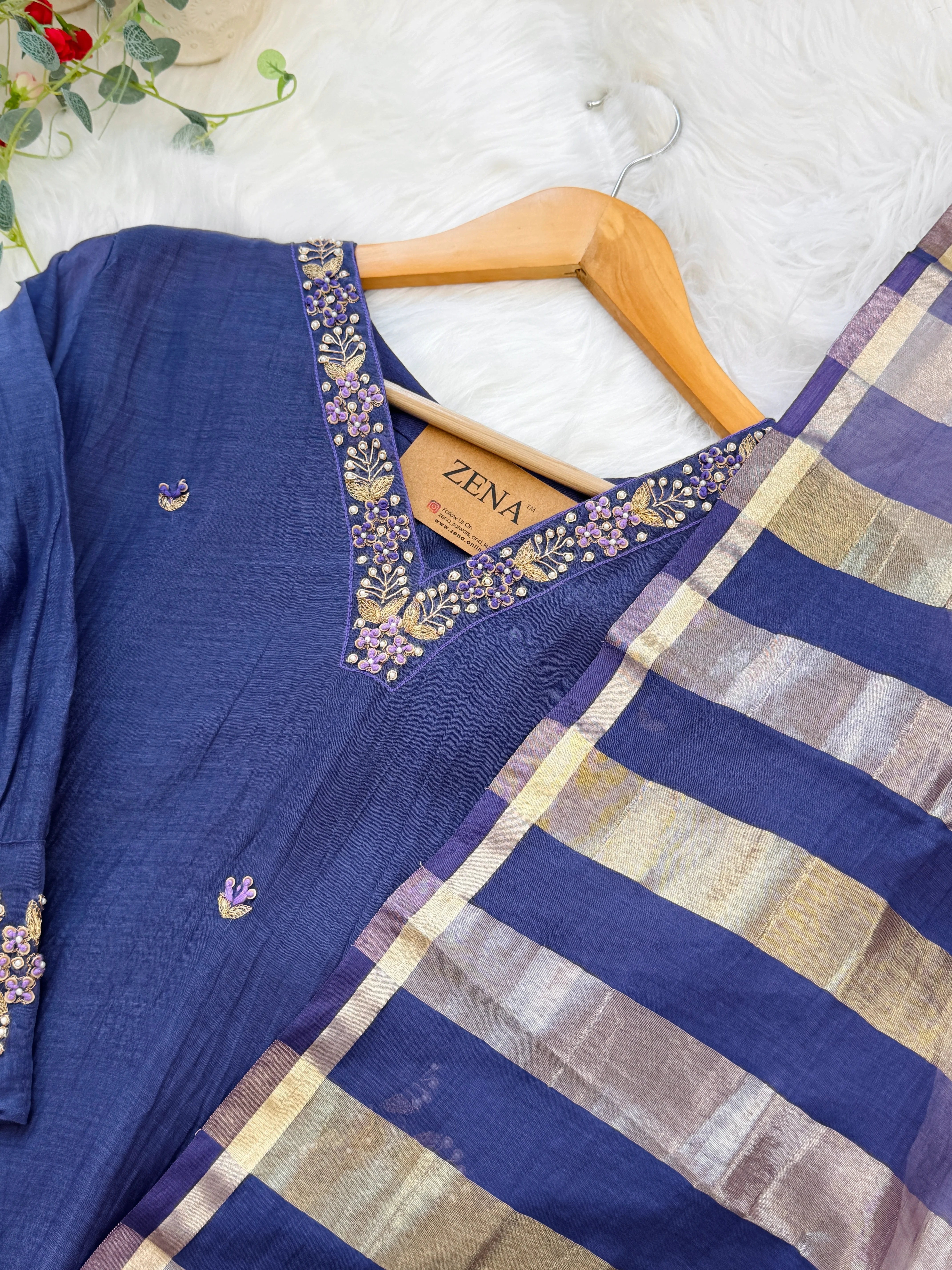 ✨ Mul Chanderi Hand Detailed V-Neck Kurti Set ✨ - Image 5