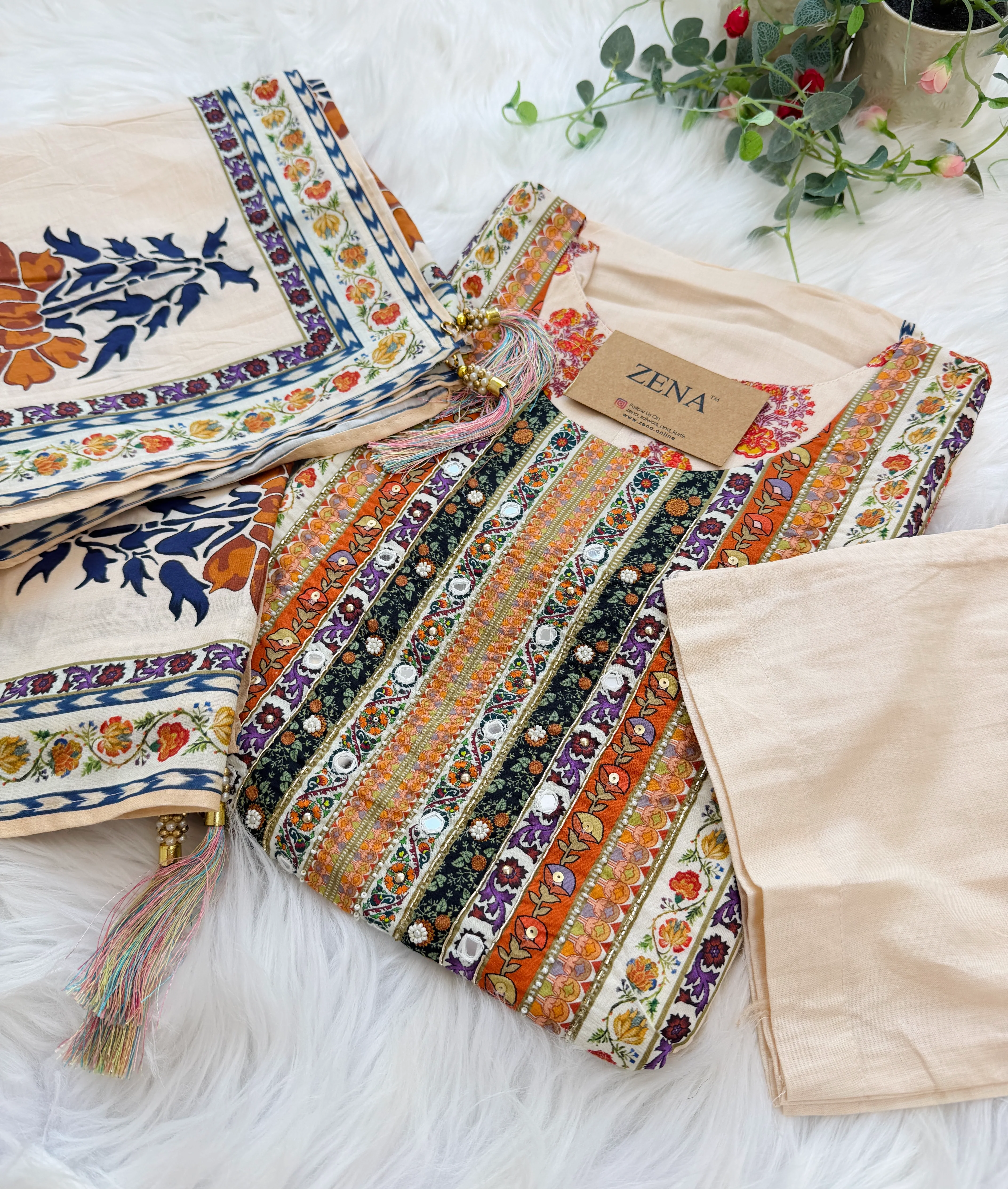 ✨ Pure Cotton Mirror Work Kurti Set ✨
