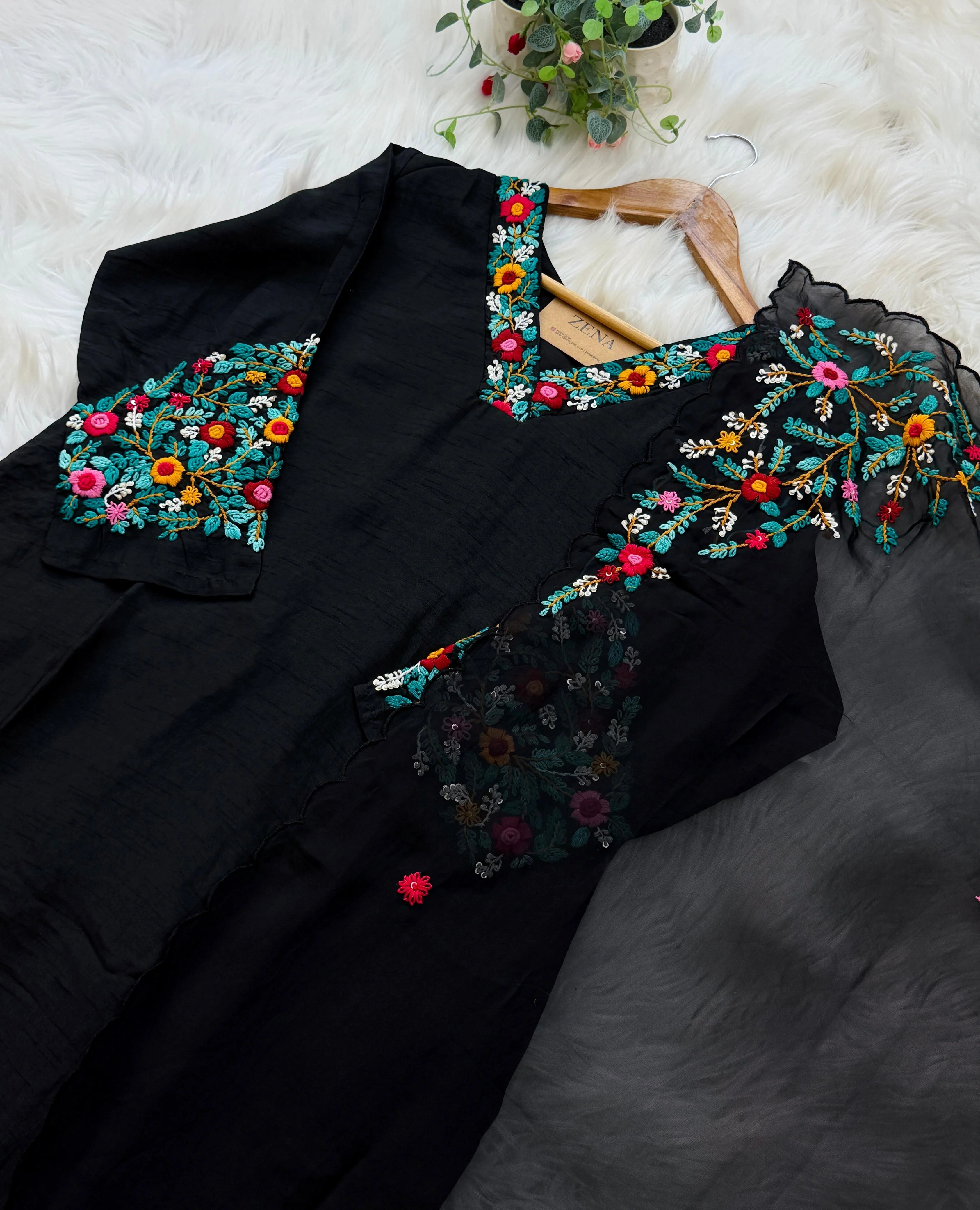 ✨ Pure Dola Silk Embroidered Kurti Set with Organza Dupatta ✨ - Image 8
