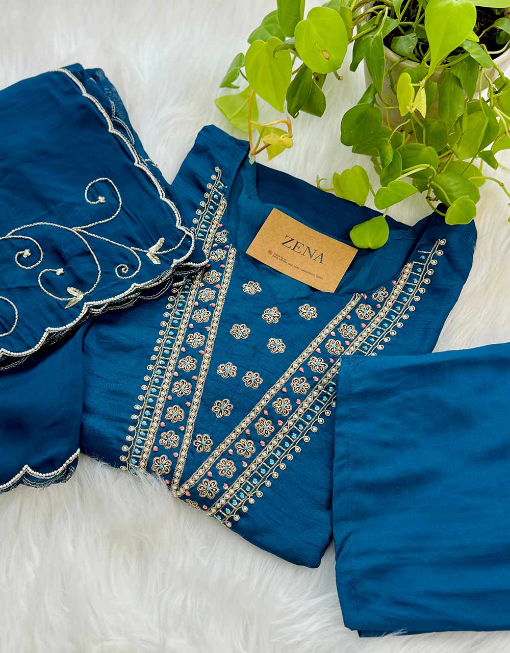 Dola Silk Ready-to-Wear Hand Work Kurti Set ✨ - Image 3
