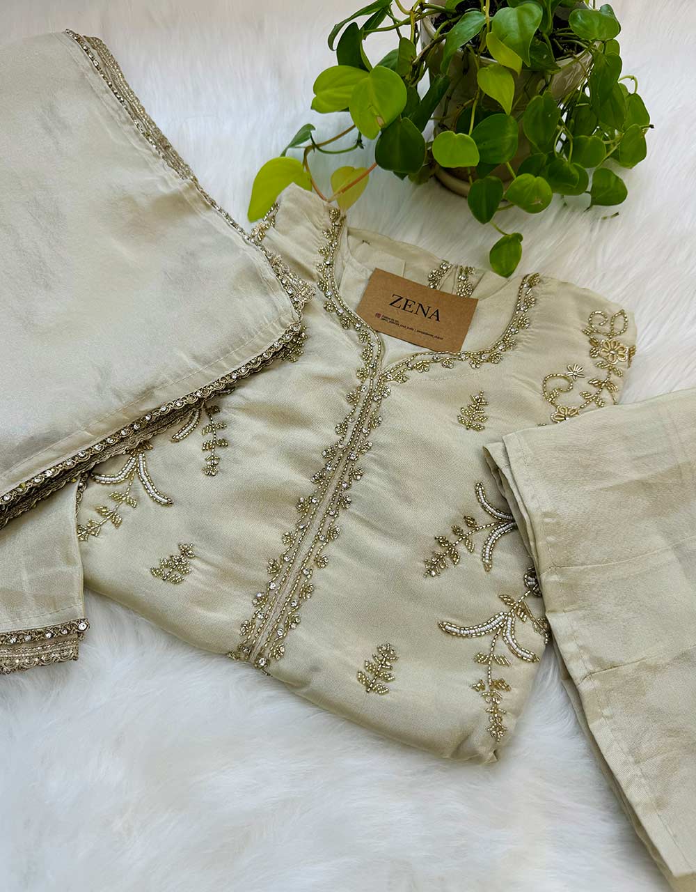 Ready-to-Wear Tissue Silk Hand Work Kurti Set Pant Palazzo โจ - Image 3