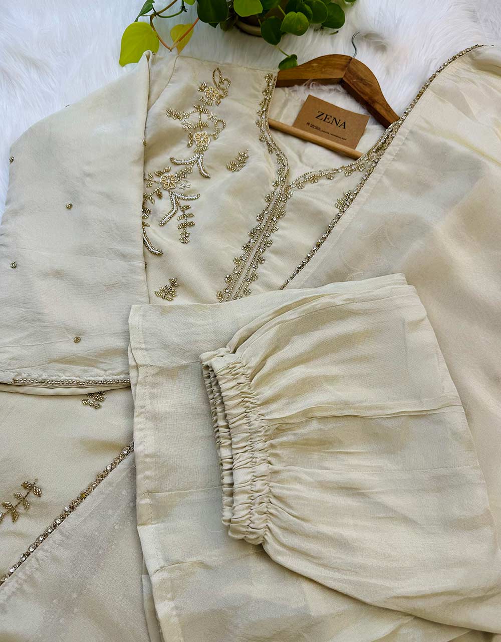 Ready-to-Wear Tissue Silk Hand Work Kurti Set Pant Palazzo โจ - Image 4