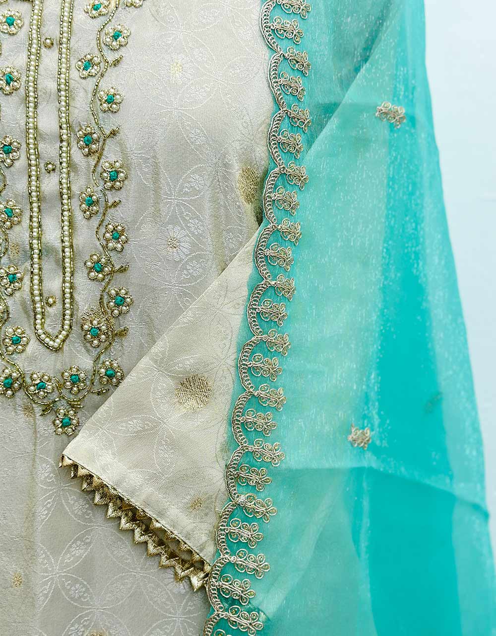 Elegant Ready-to-Wear Tissue Silk Kurti Set with Shimmer Dupatta & Hand Work ๐ - Image 4