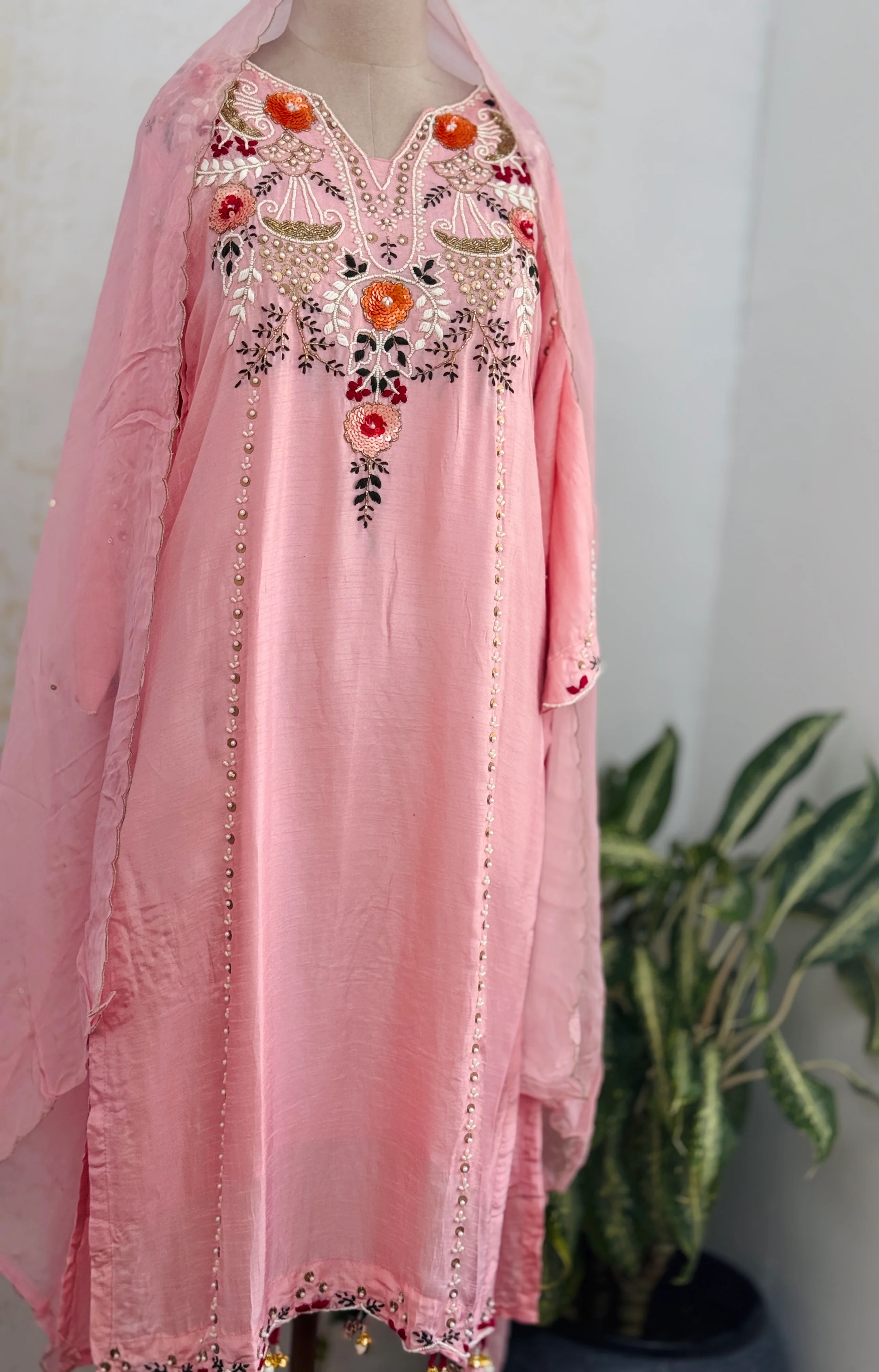 Dola Silk Handwork Kurti Set with Organza Dupatta - Image 2