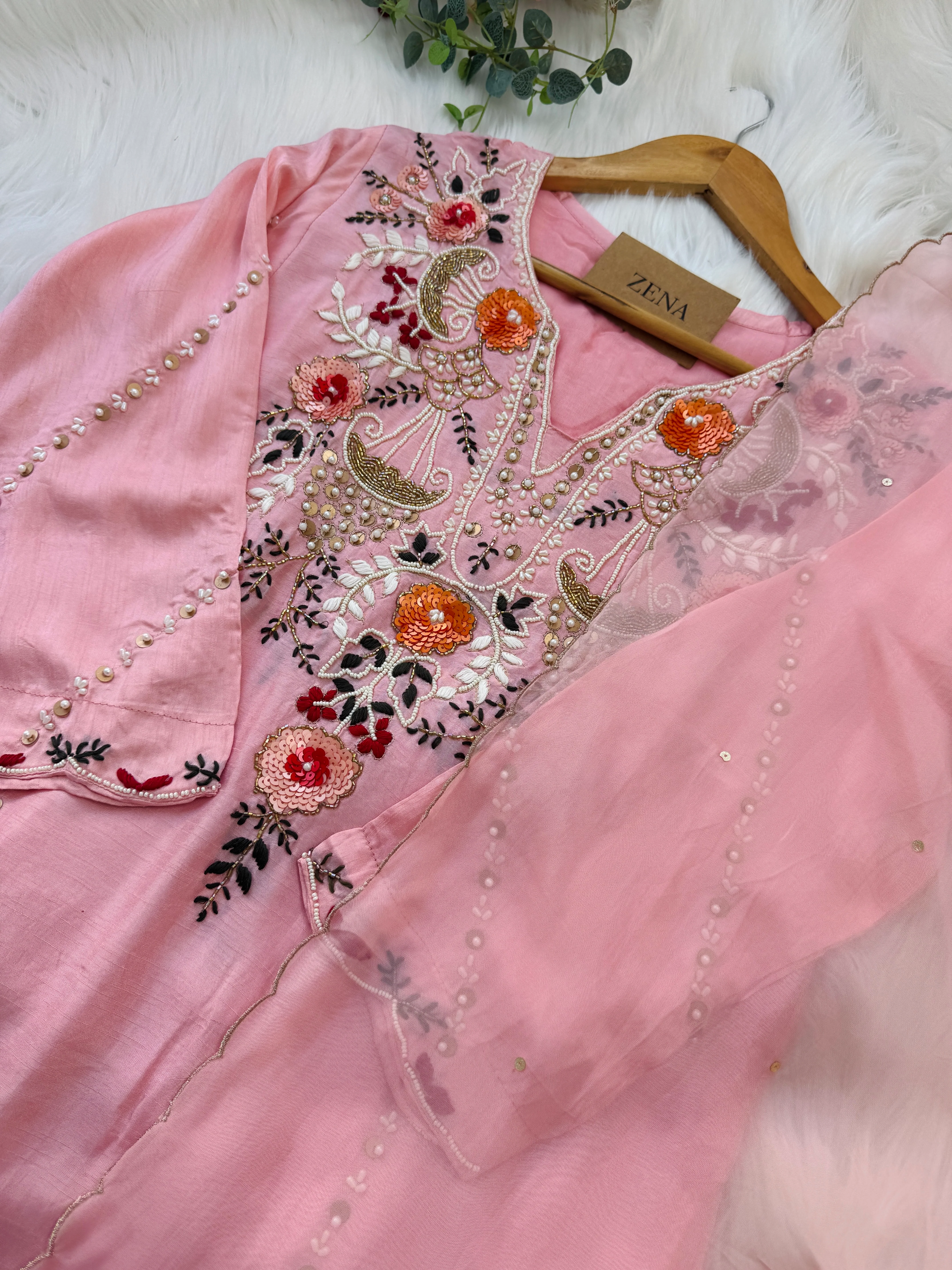 Dola Silk Handwork Kurti Set with Organza Dupatta - Image 3