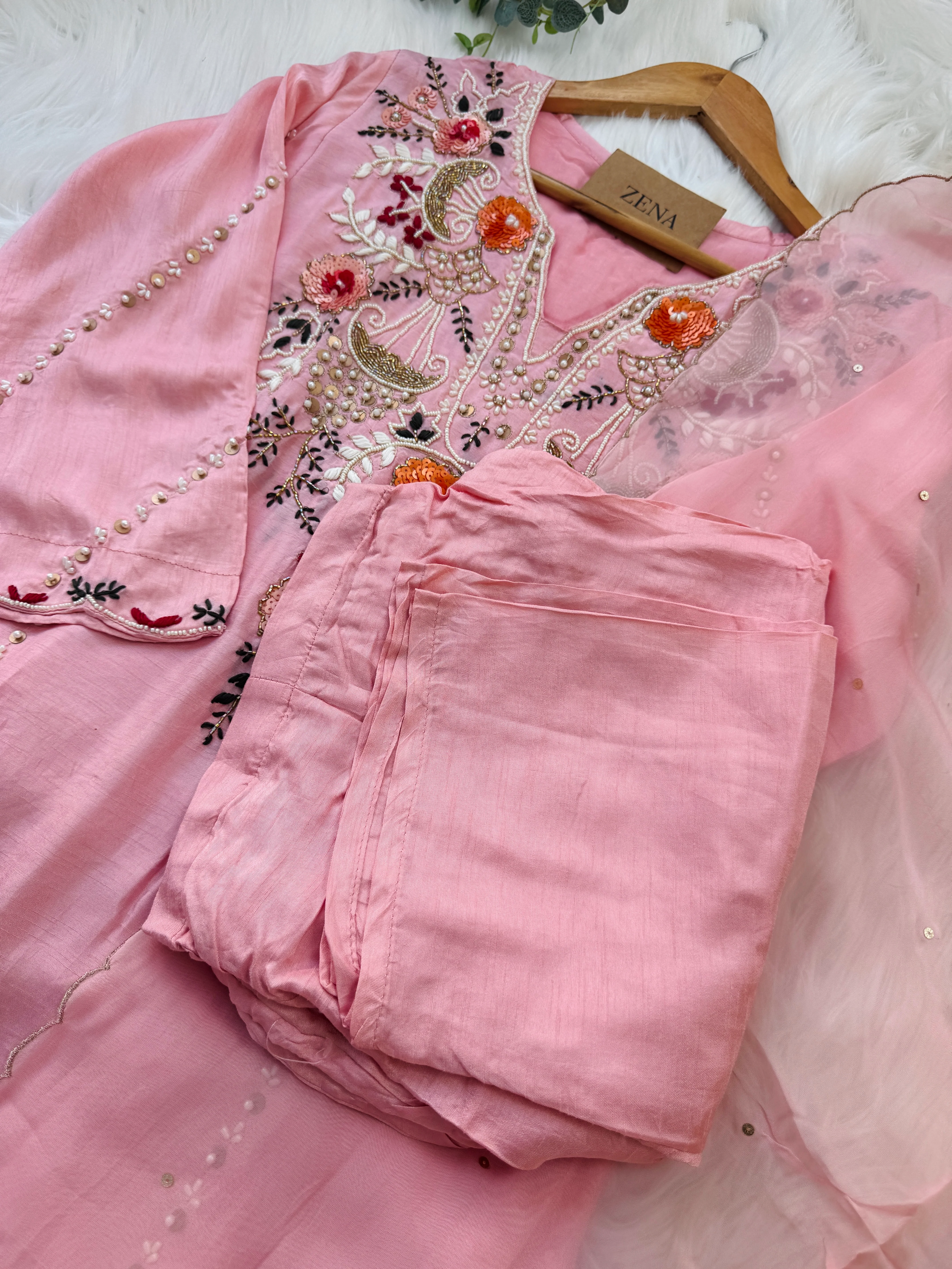Dola Silk Handwork Kurti Set with Organza Dupatta - Image 4