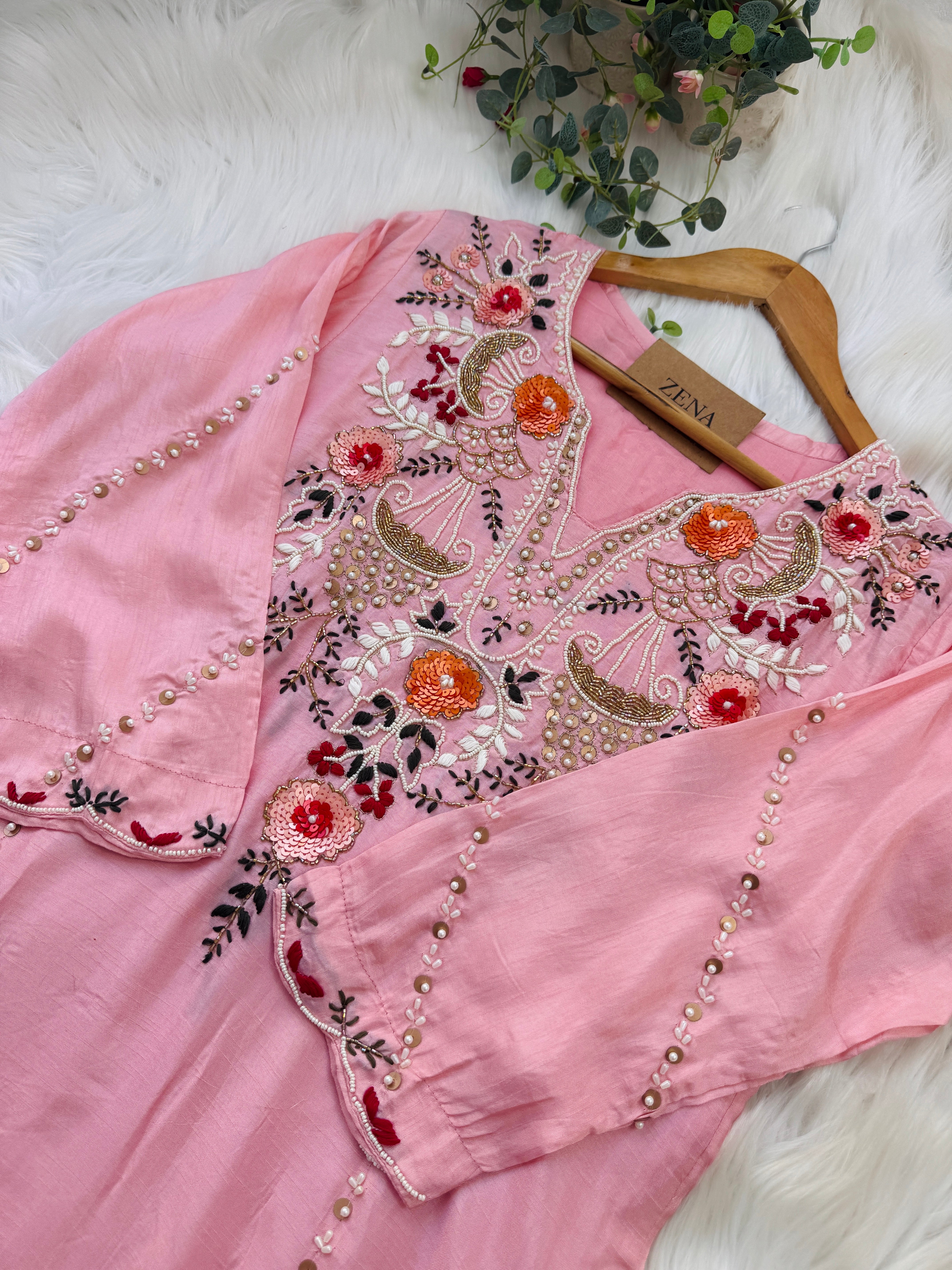 Dola Silk Handwork Kurti Set with Organza Dupatta - Image 5