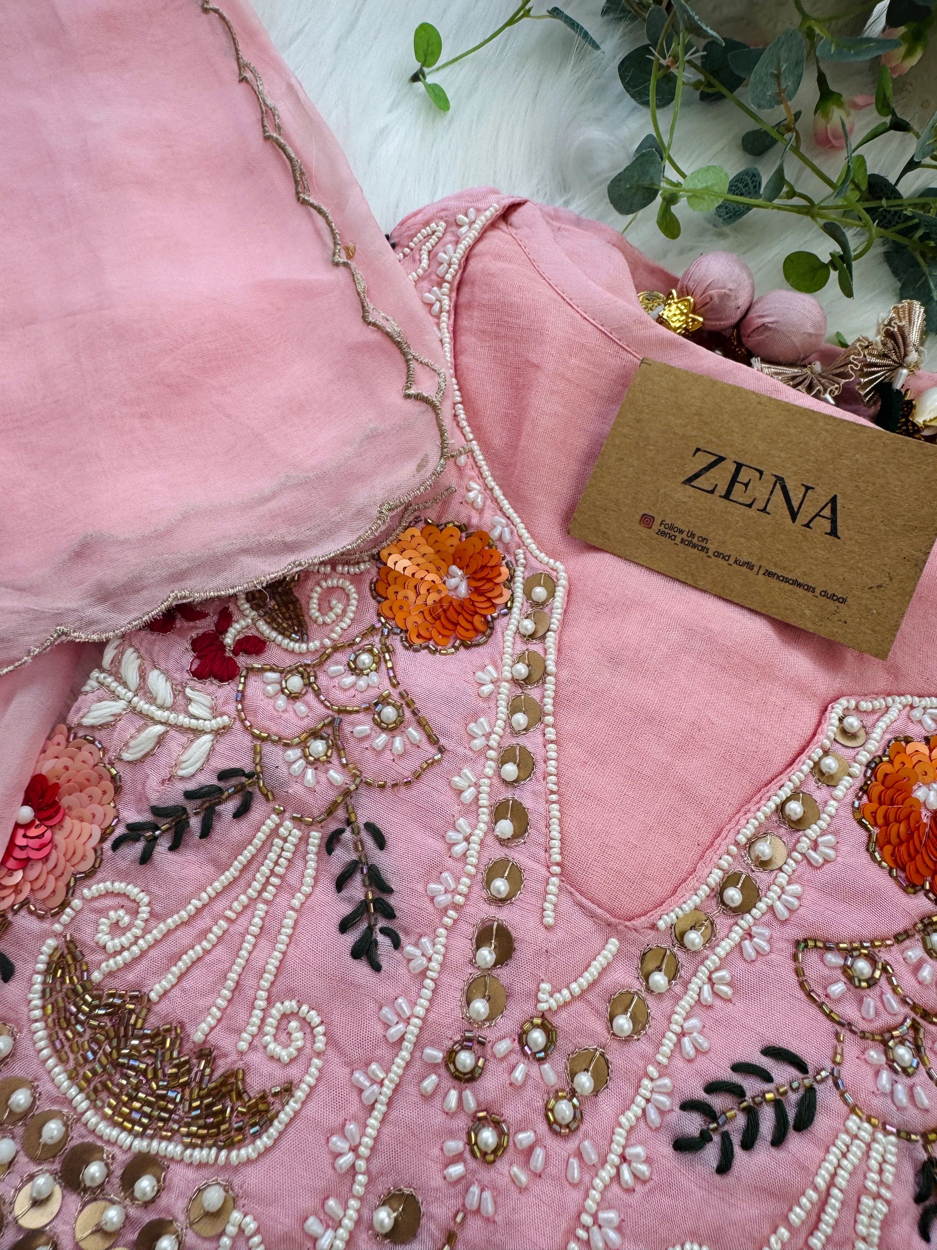Dola Silk Handwork Kurti Set with Organza Dupatta - Image 6