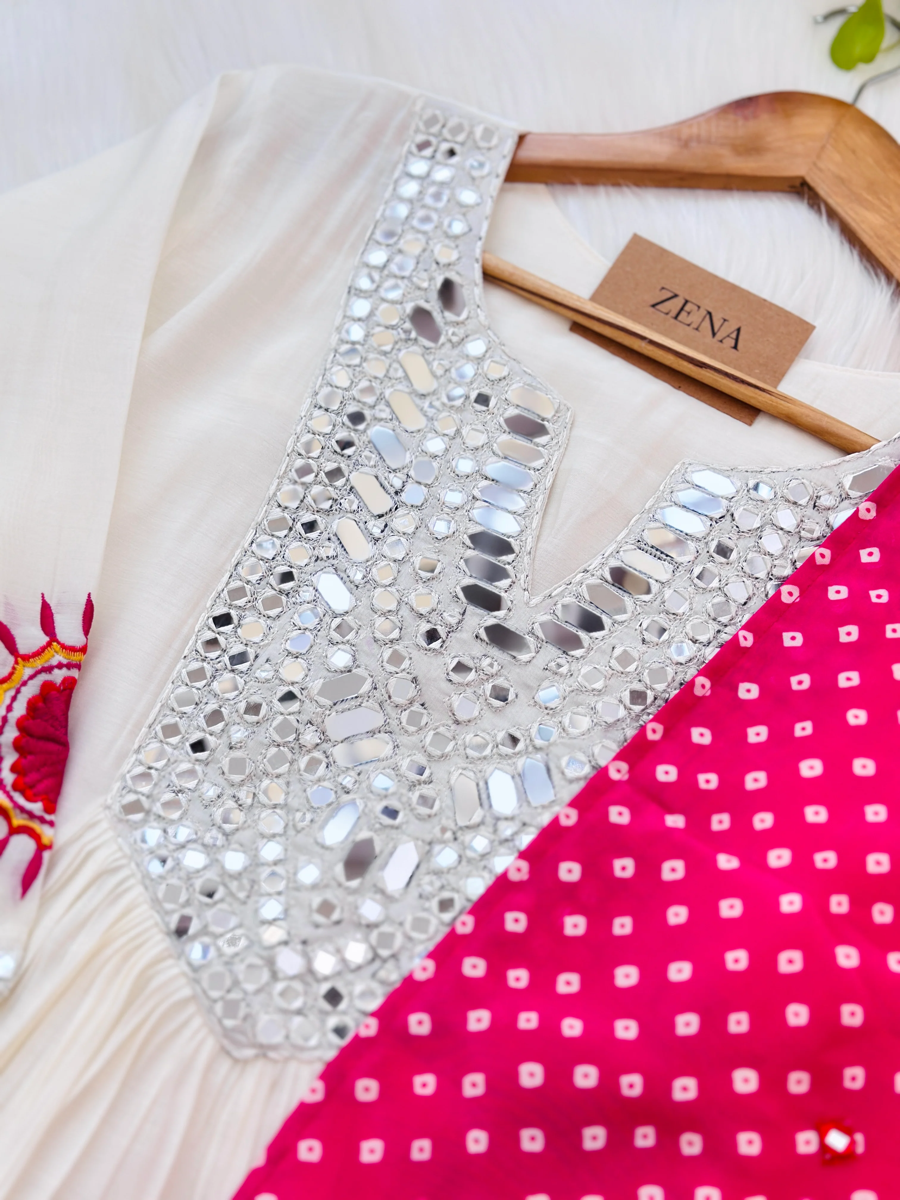 Mul chanderi anarkali mirror work kurti set - Image 3