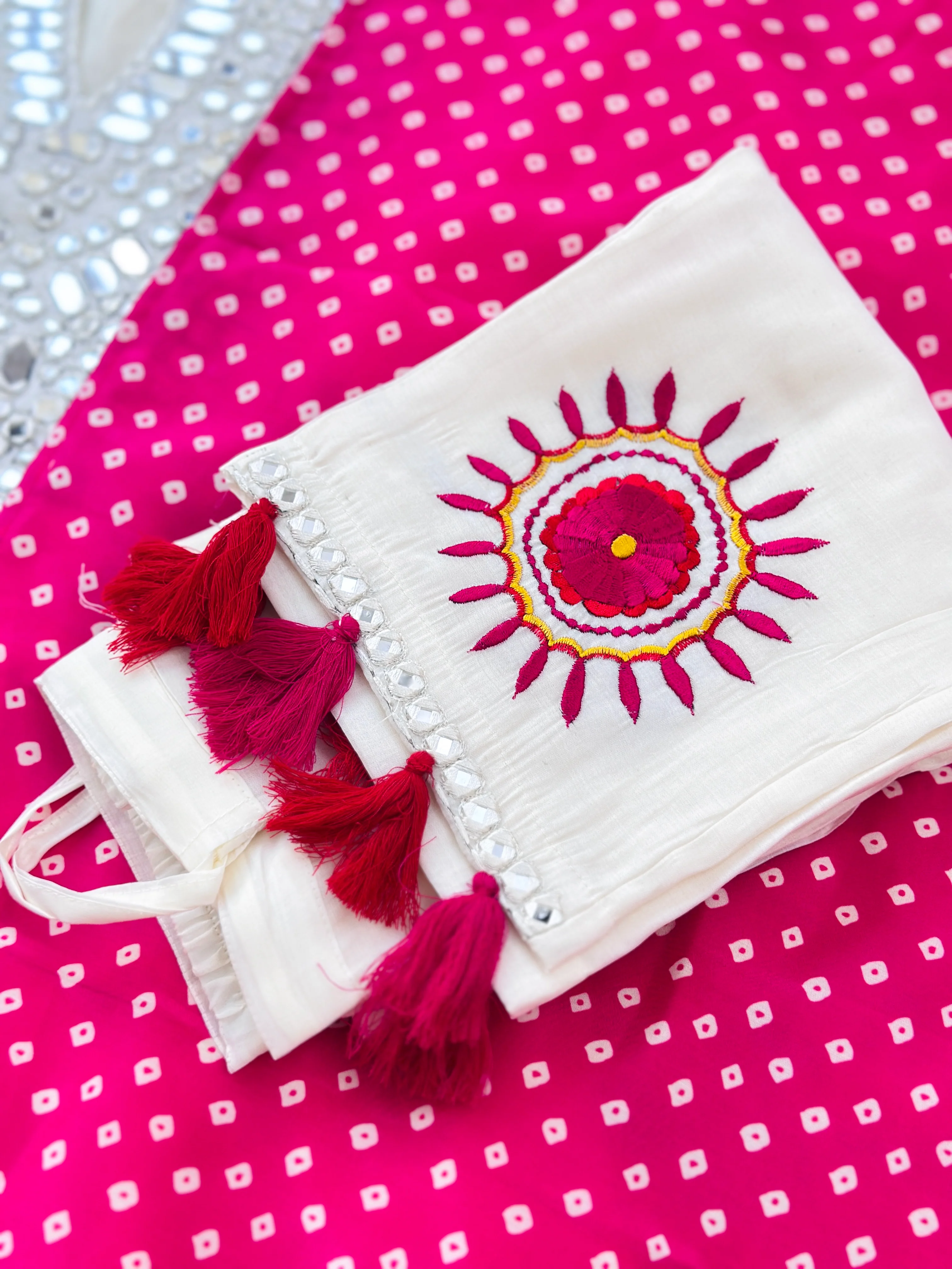 Mul chanderi anarkali mirror work kurti set - Image 4
