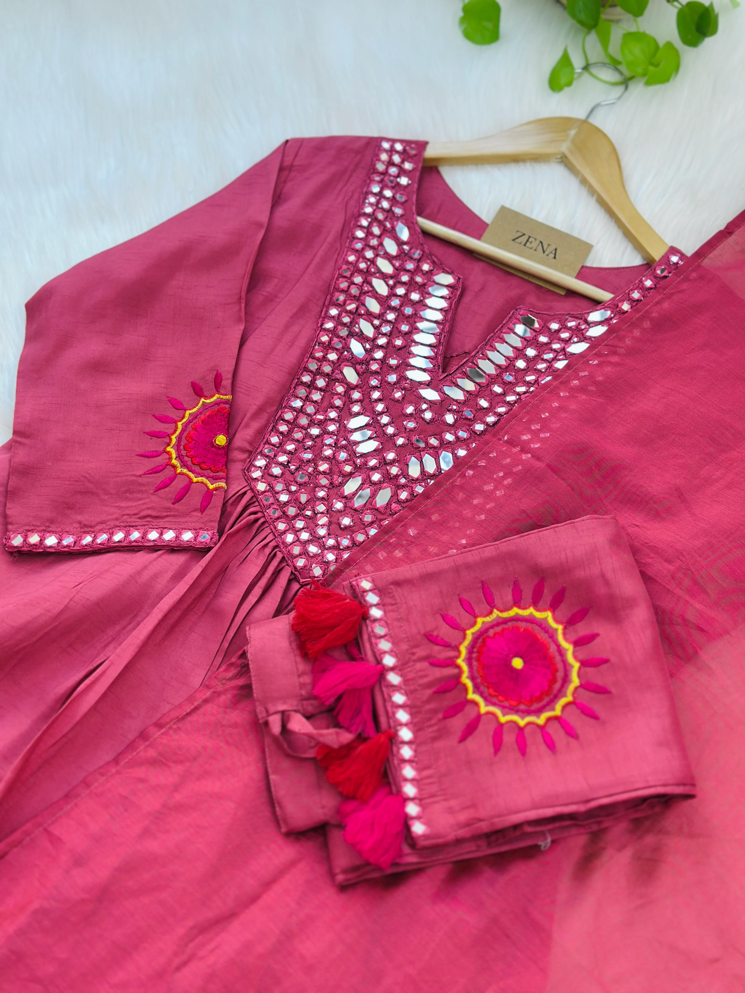 Mul chanderi anarkali mirror work kurti set - Image 7