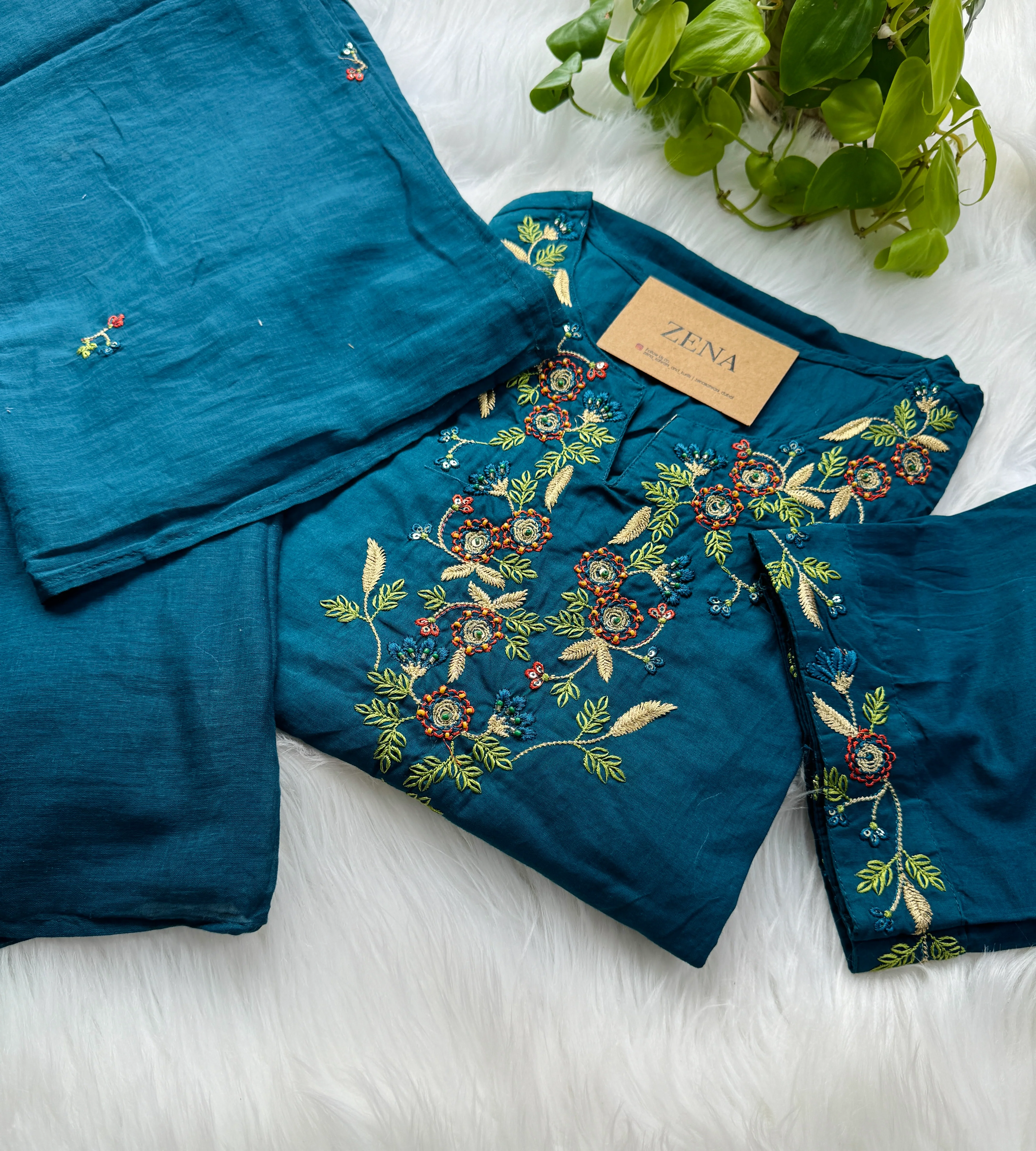 Mul Chanderi Embroidered A-Line Kurti Set