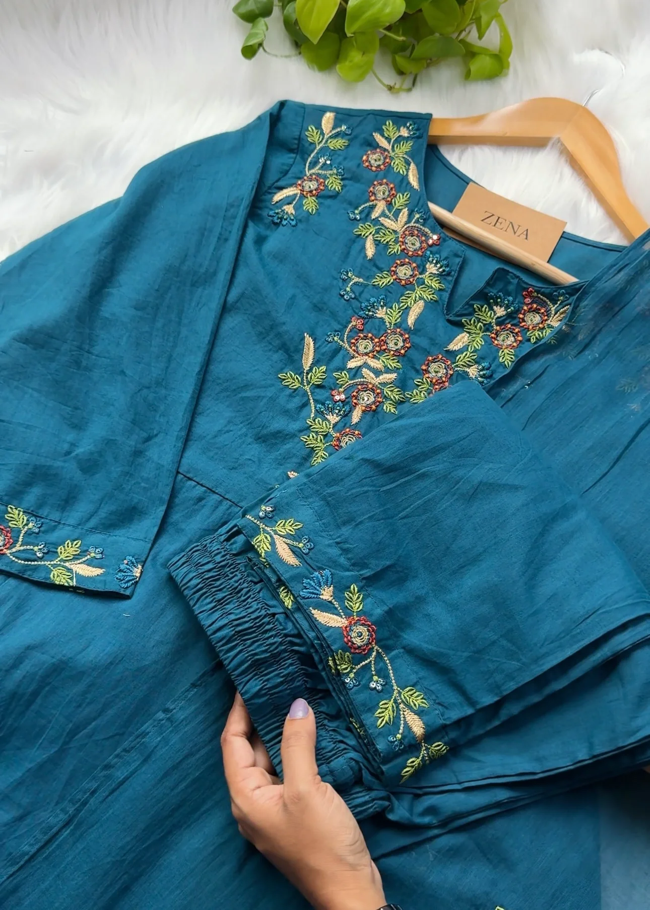 Mul Chanderi Embroidered A-Line Kurti Set - Image 6
