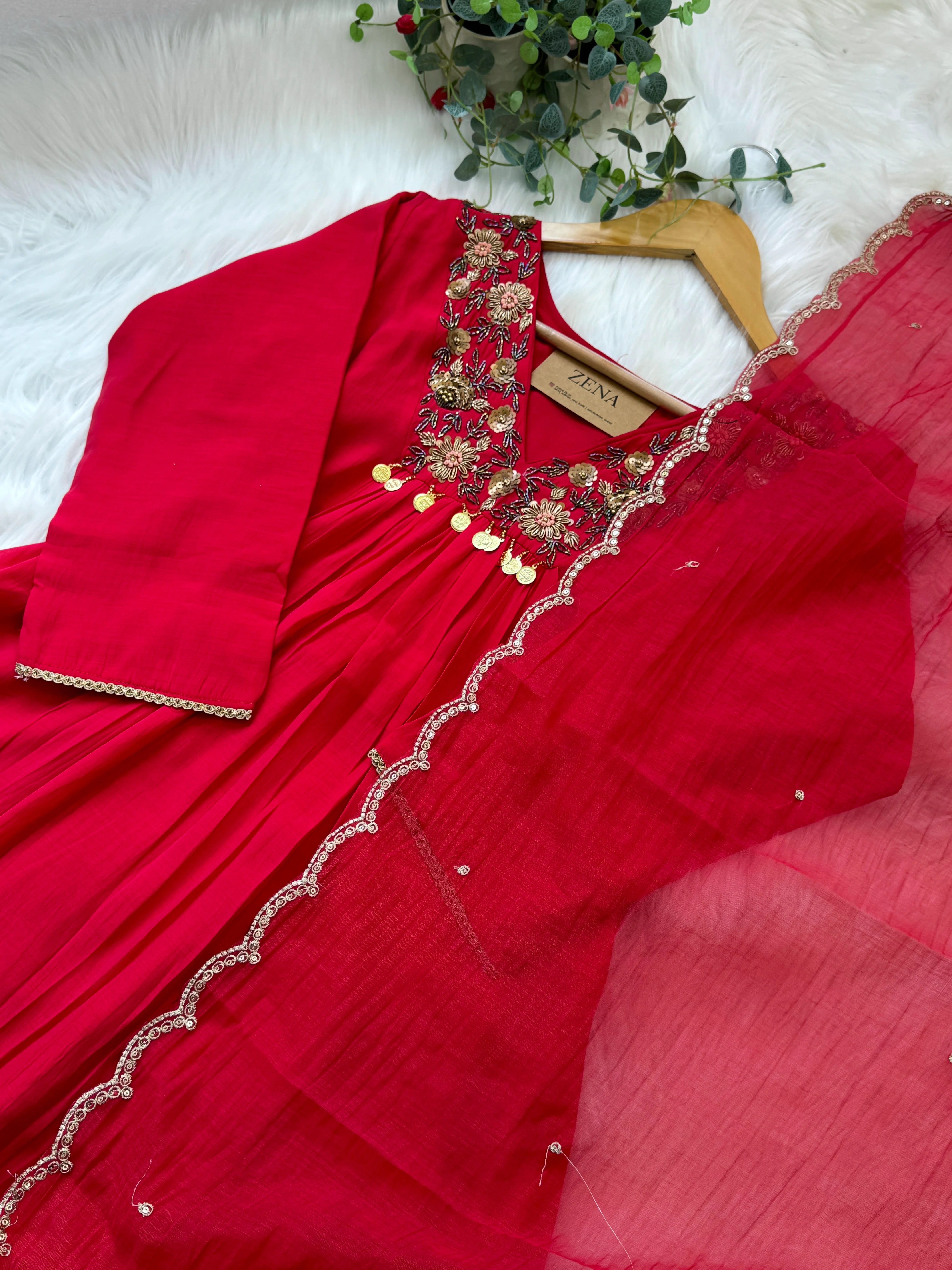 Mul Chanderi Hand Detailed Anarkali Set β Regal Elegance in Every Drape - Image 3