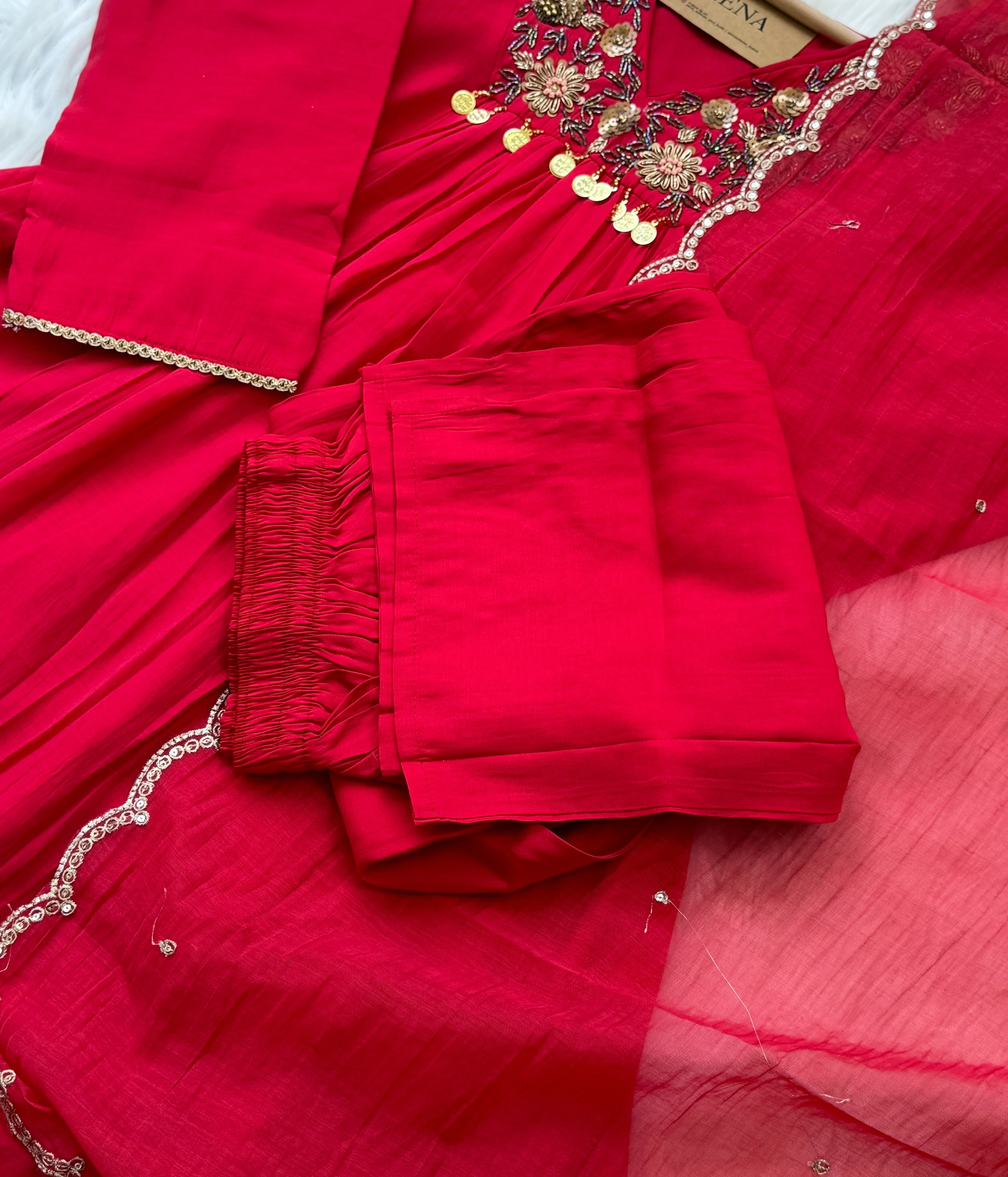 Mul Chanderi Hand Detailed Anarkali Set β Regal Elegance in Every Drape - Image 4