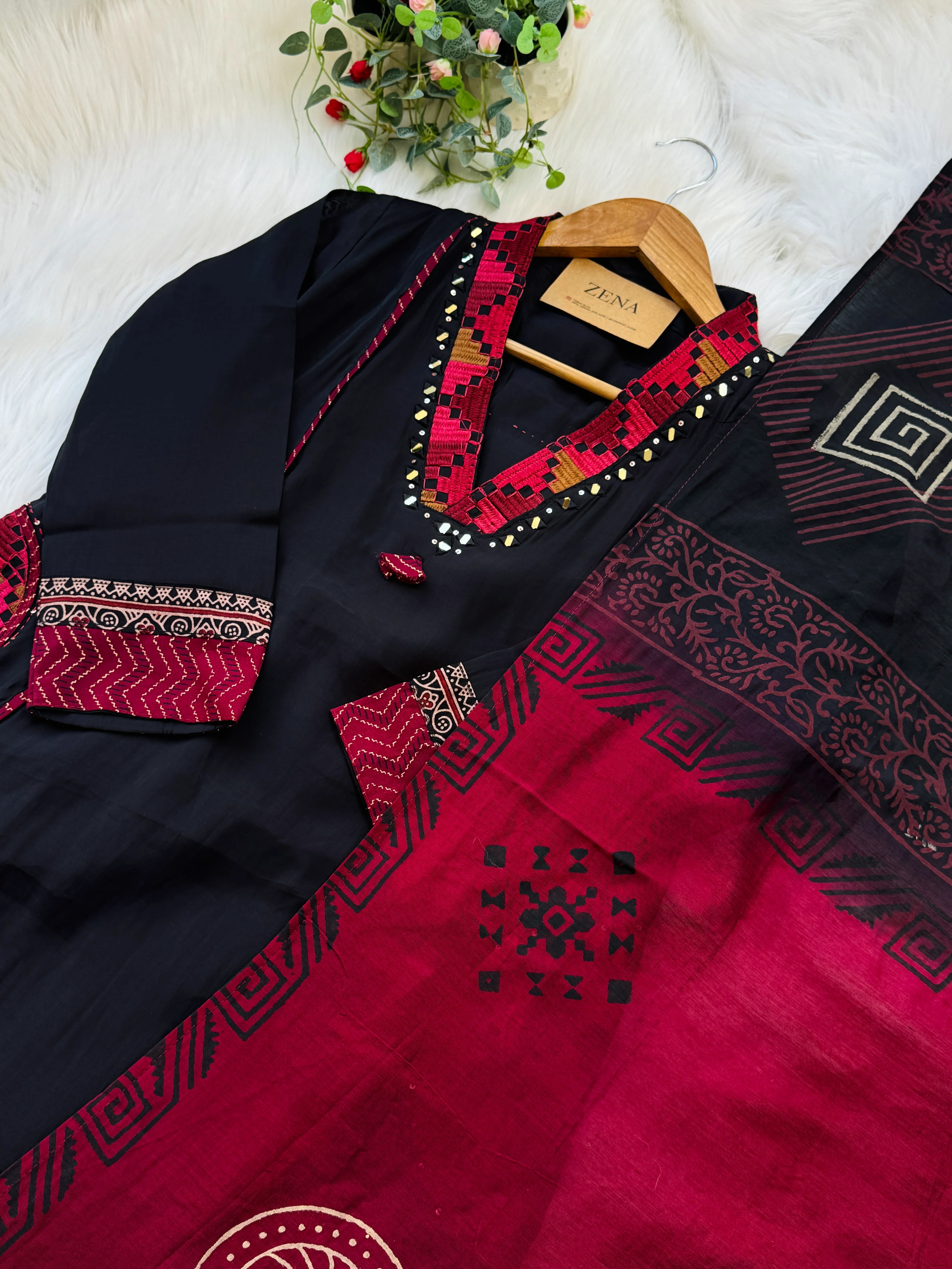 Premium Glass Chanderi Mirror Work Kurti Set – Paired with Cotton Dupatta & Palazzo ✨ - Image 8