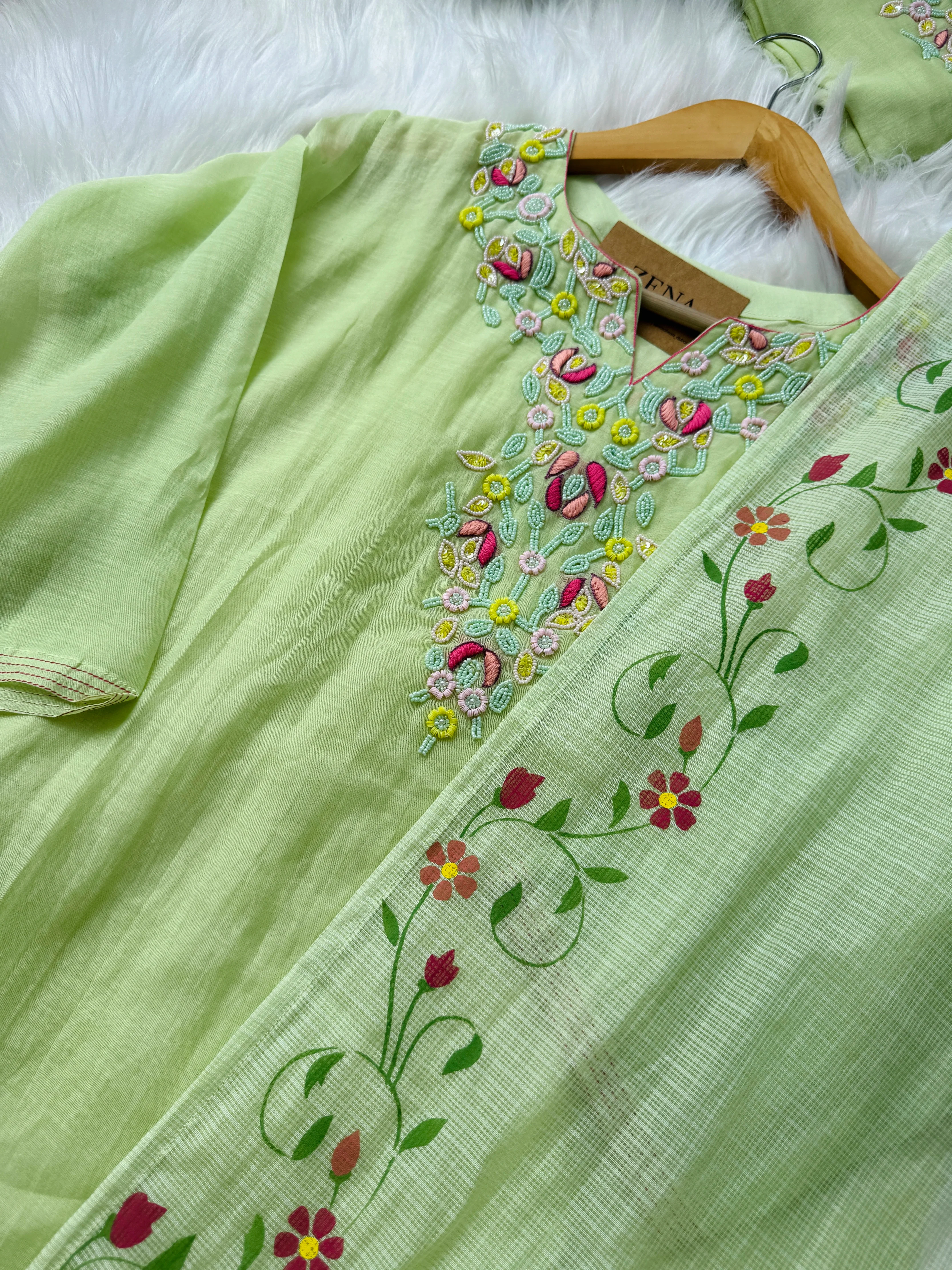 Premium Mul Chanderi Hand Detailed A-Line Kurti Set – Elegant Ethnic Charm - Image 3