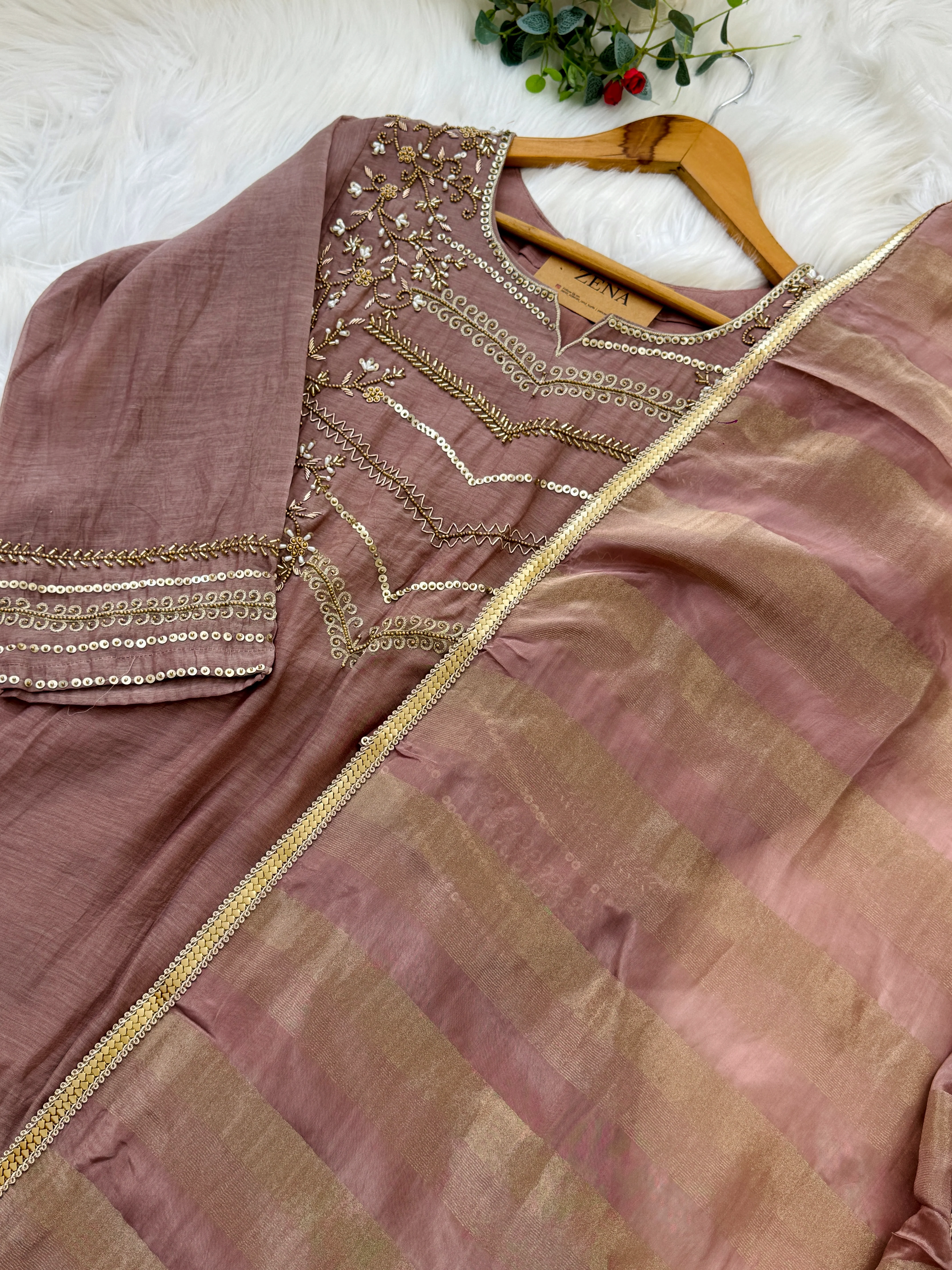 Premium Mul Chanderi Handwork Kurti Set β Top, Bottom & Dupatta - Image 2