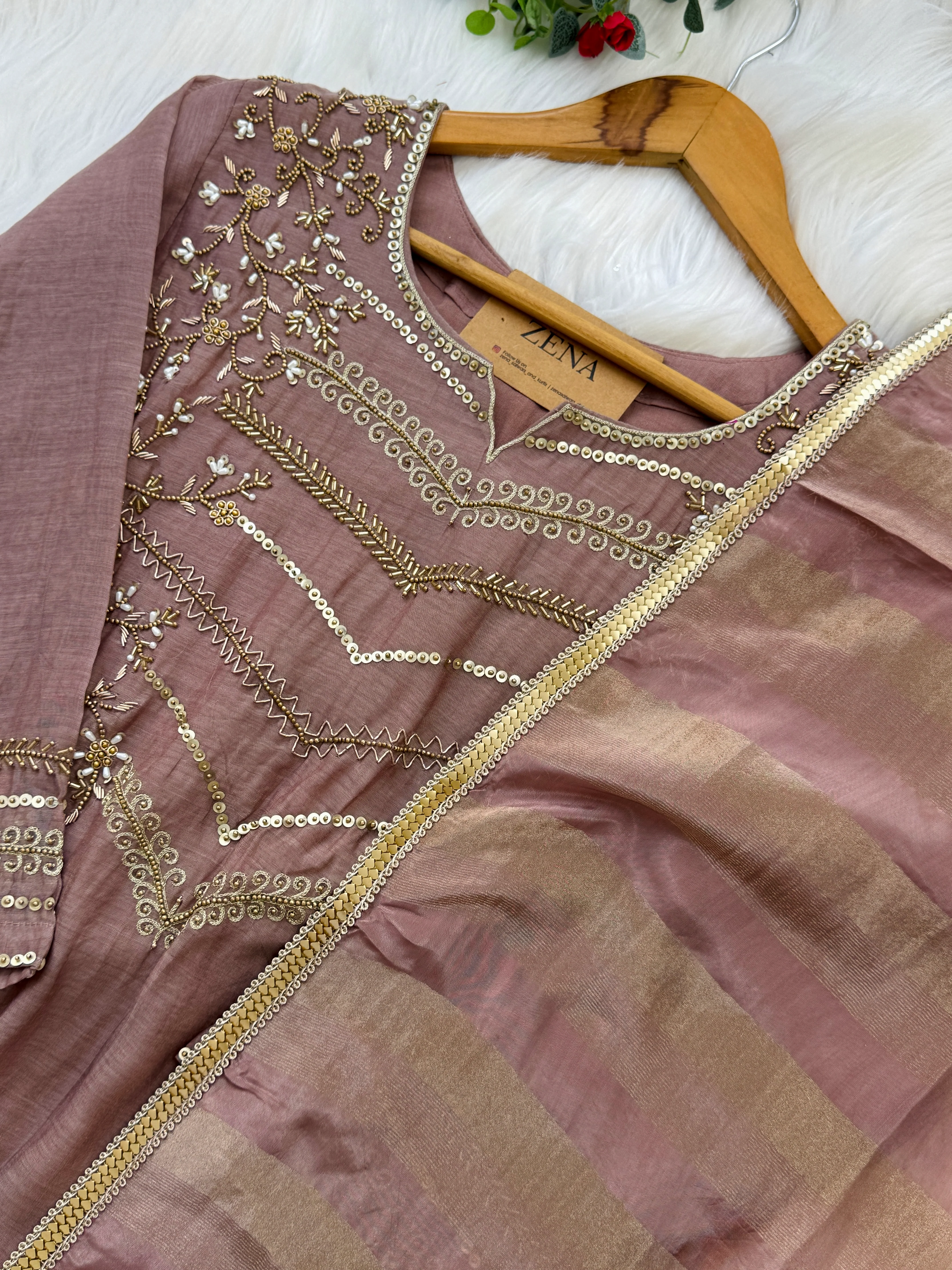 Premium Mul Chanderi Handwork Kurti Set β Top, Bottom & Dupatta - Image 4