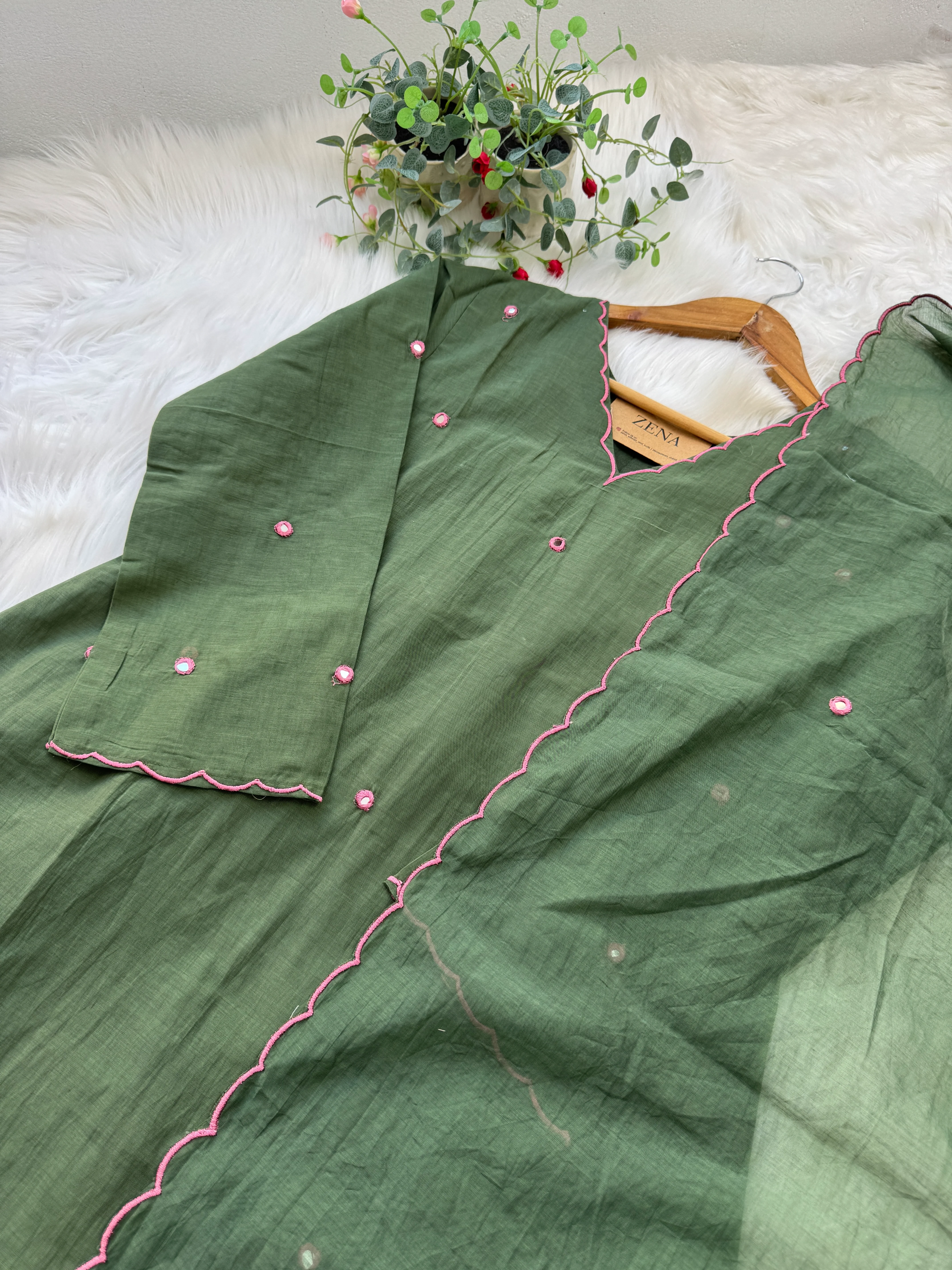 Premium Mul Chanderi Mirror Work A-Line Kurti Set – Shine with Subtle Elegance - Image 3