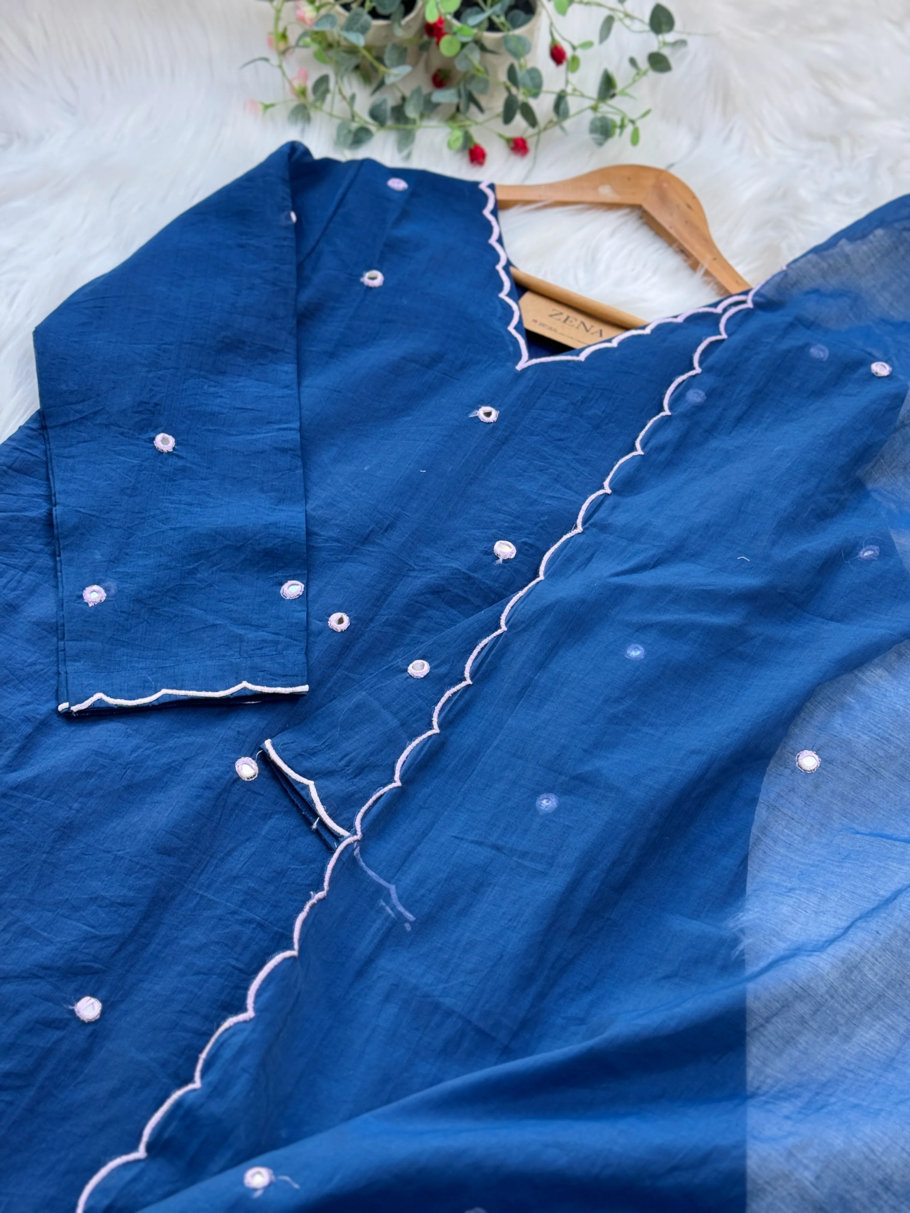 Premium Mul Chanderi Mirror Work A-Line Kurti Set – Shine with Subtle Elegance - Image 3