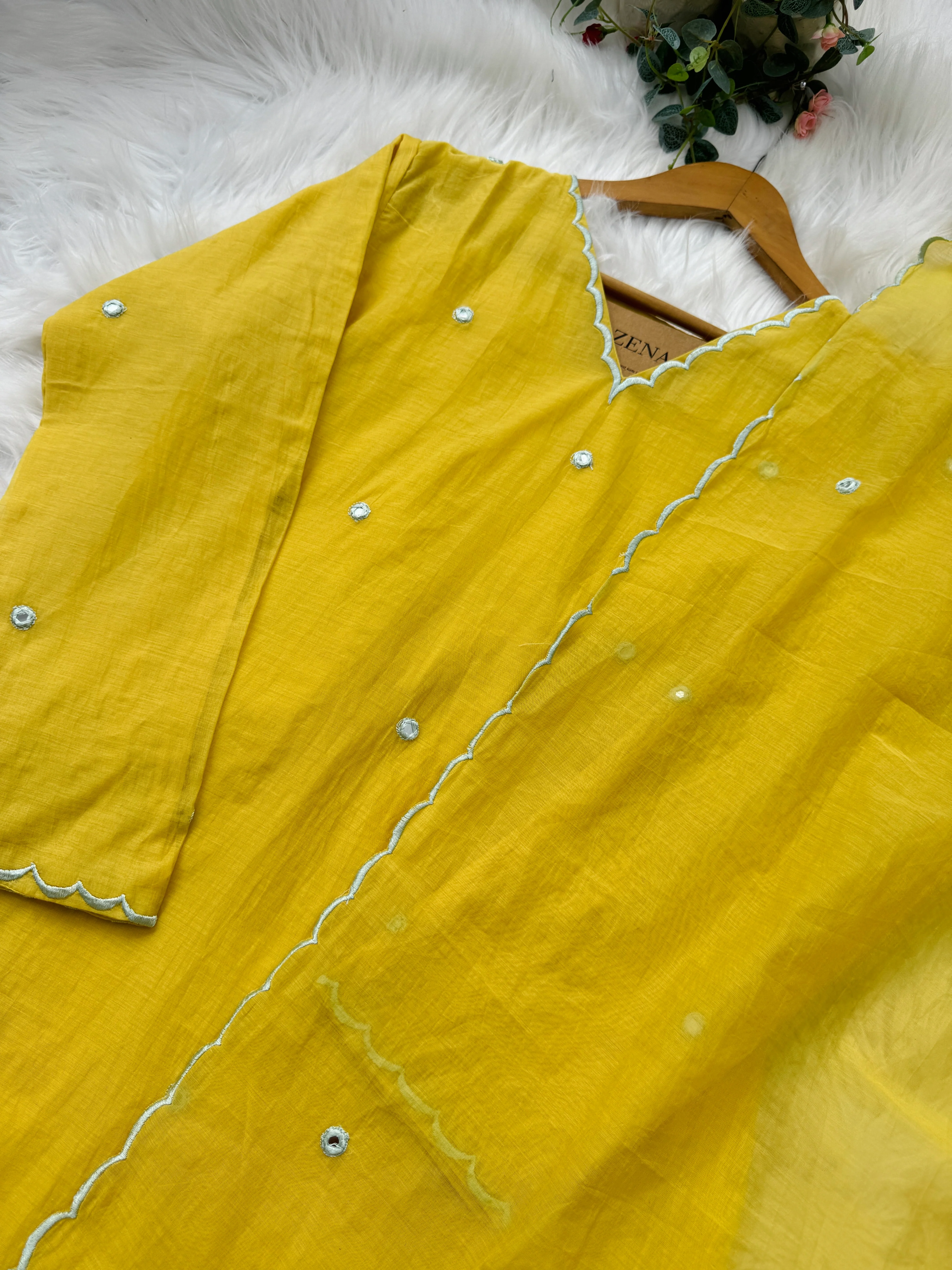 Premium Mul Chanderi Mirror Work A-Line Kurti Set – Shine with Subtle Elegance - Image 3