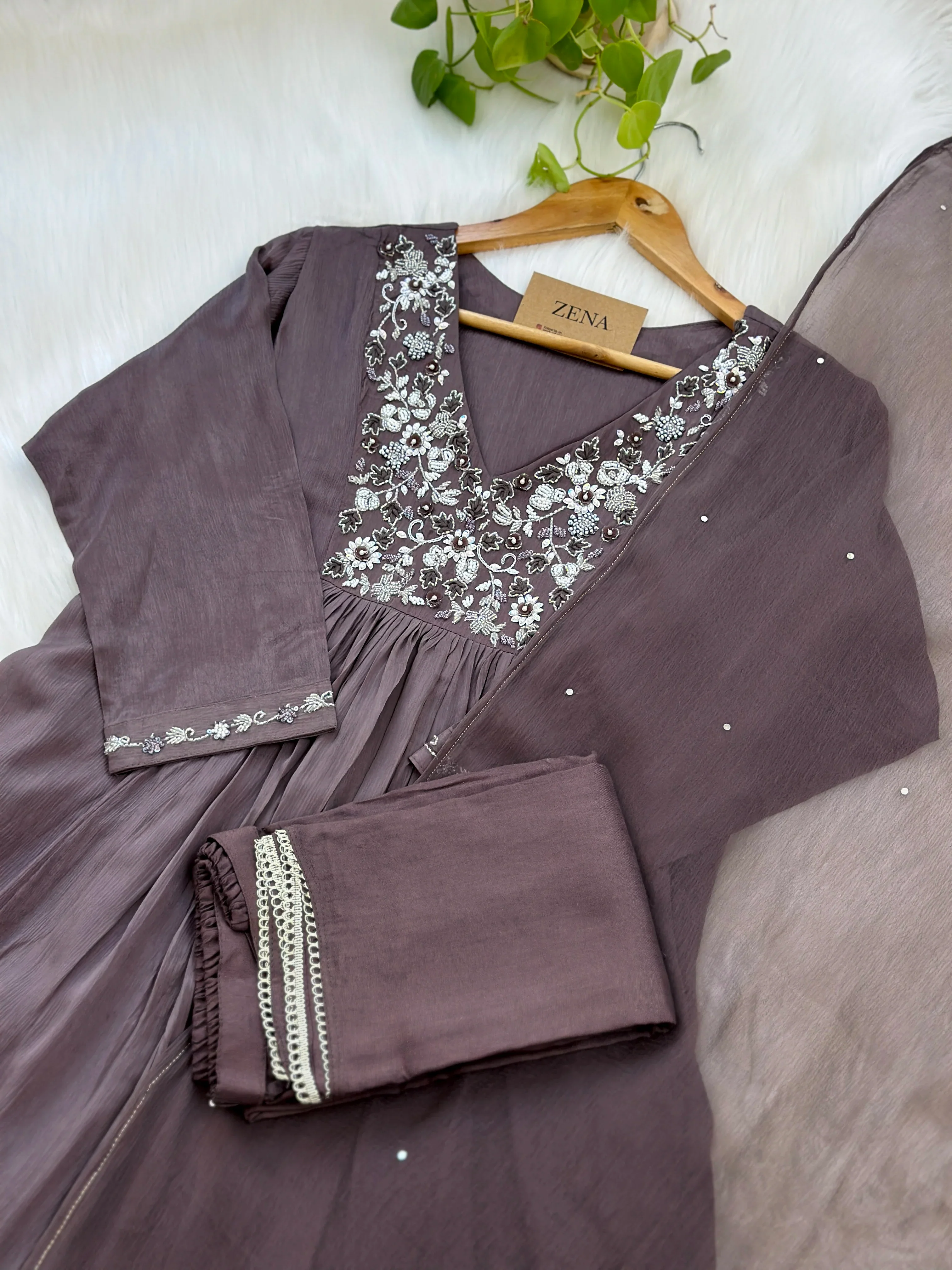 Pure Chinnon Hand Work Anarkali Kurti Set – Elegant Ready-to-Wear Ethnic Ensemble