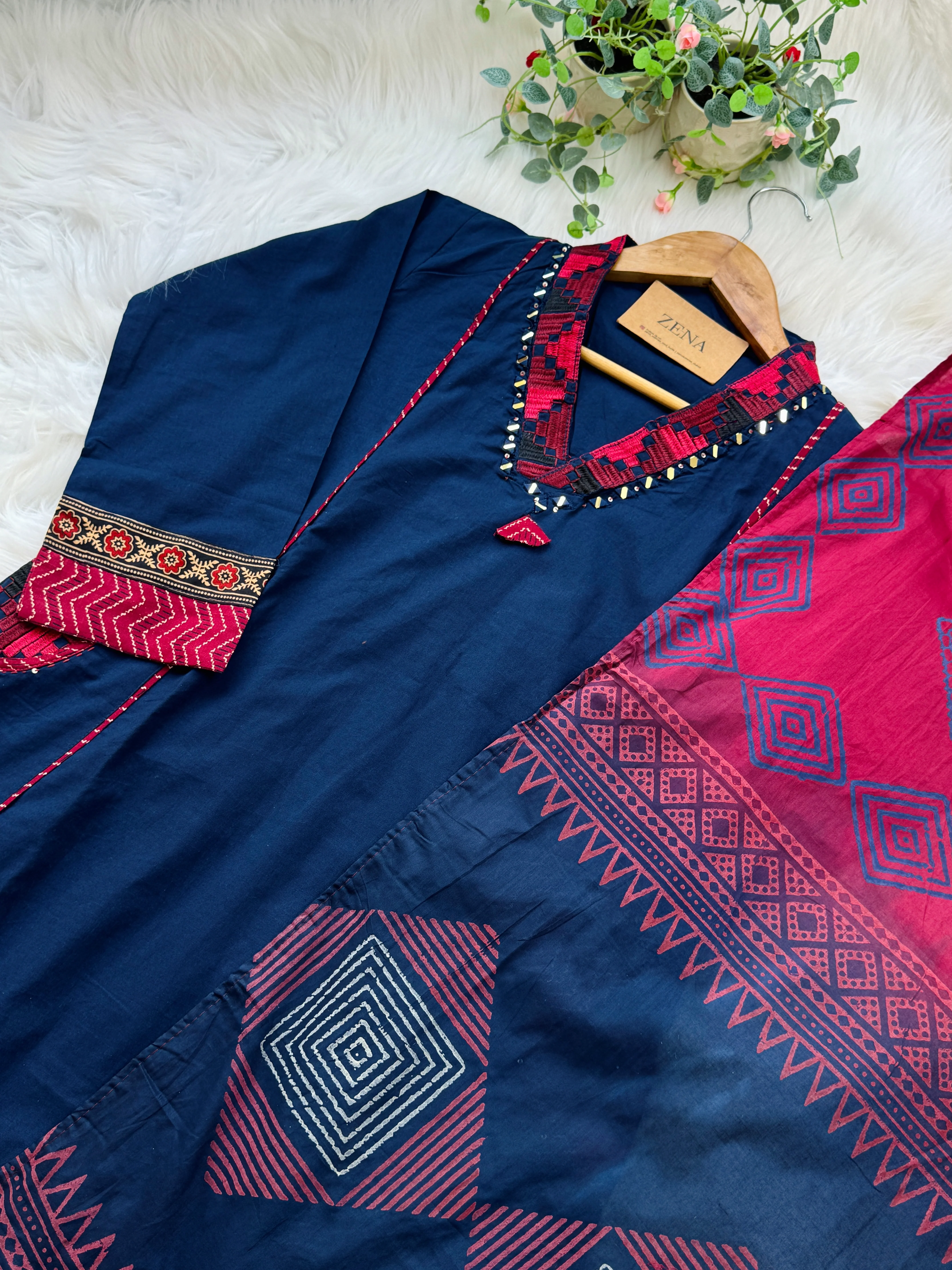 Pure Cotton Embroidered Mirror Work Kurti Set - Image 3