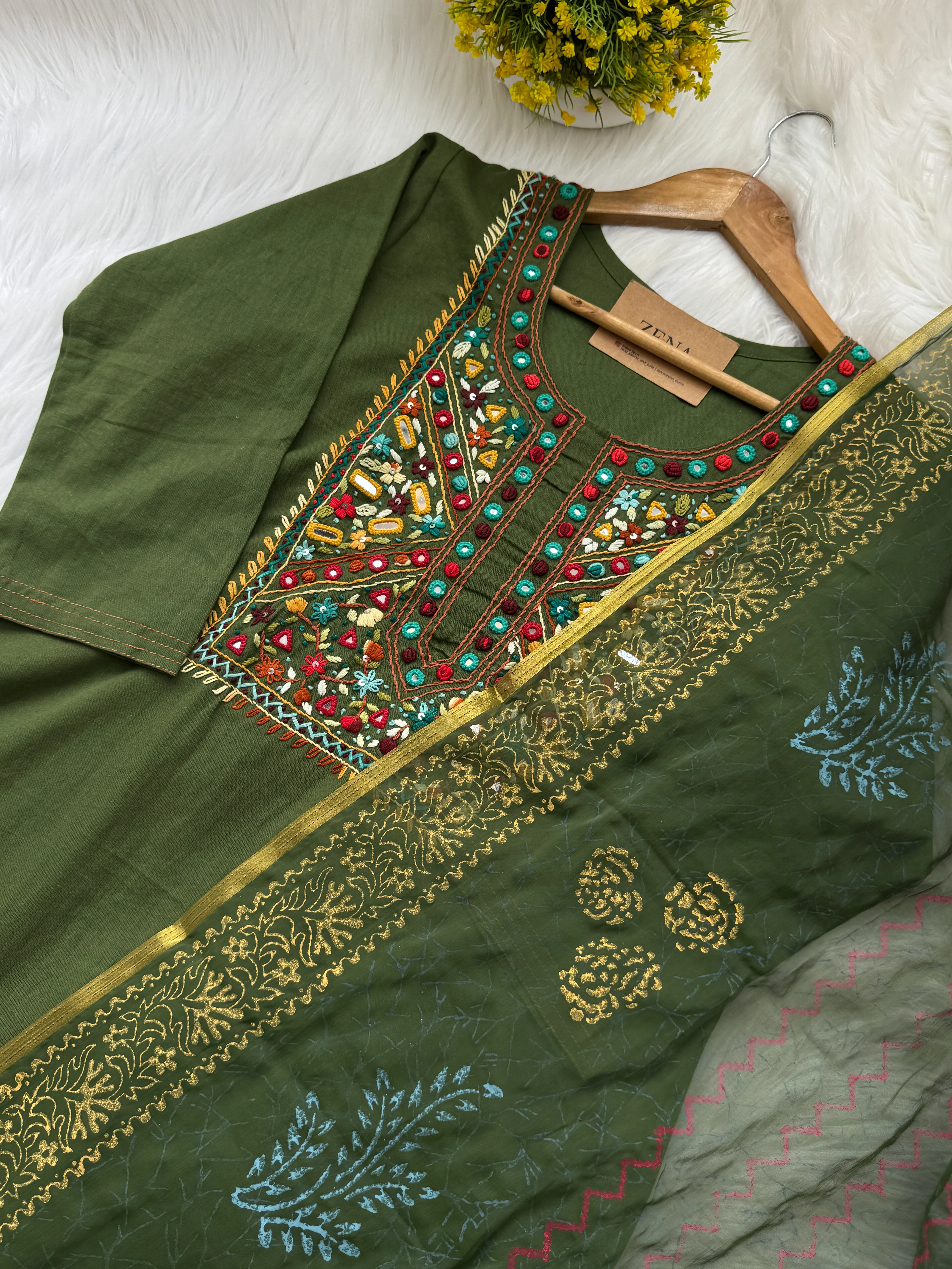 Pure Cotton Hand-Detailed Mirror Work Kurti Set - Image 3