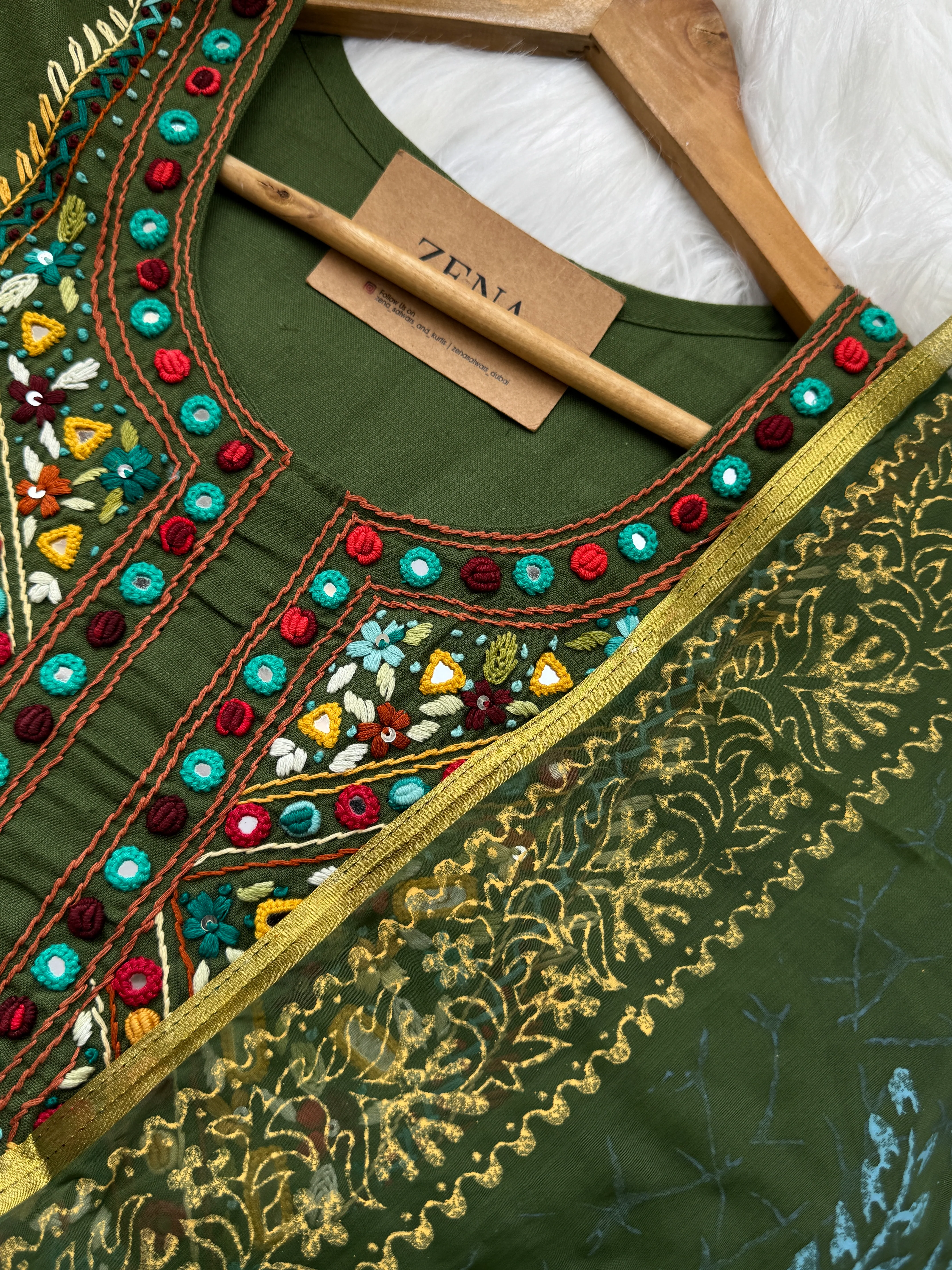 Pure Cotton Hand-Detailed Mirror Work Kurti Set - Image 6
