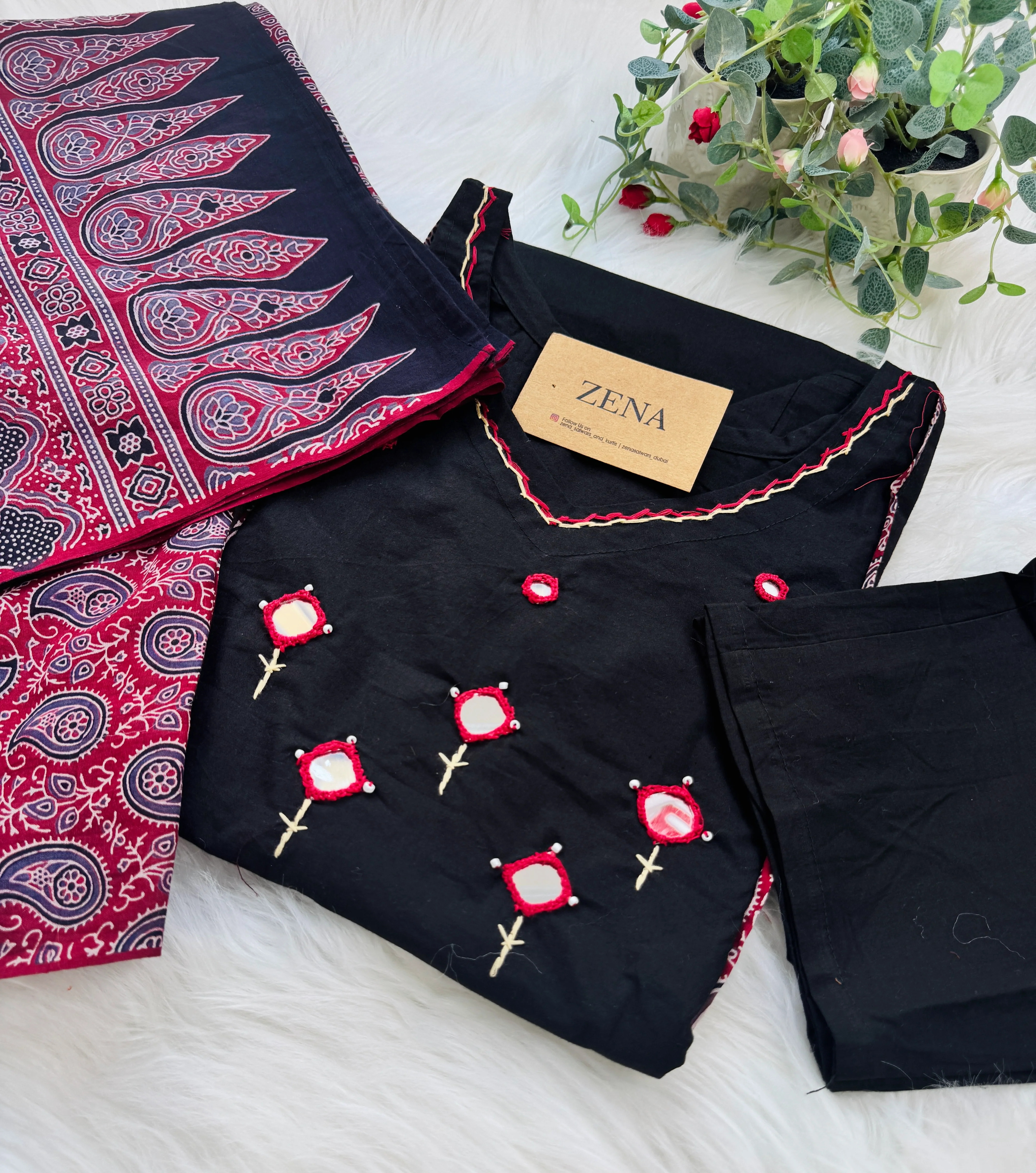 Pure Cotton Mirror Work Kurti Set β Top, Bottom & Dupatta