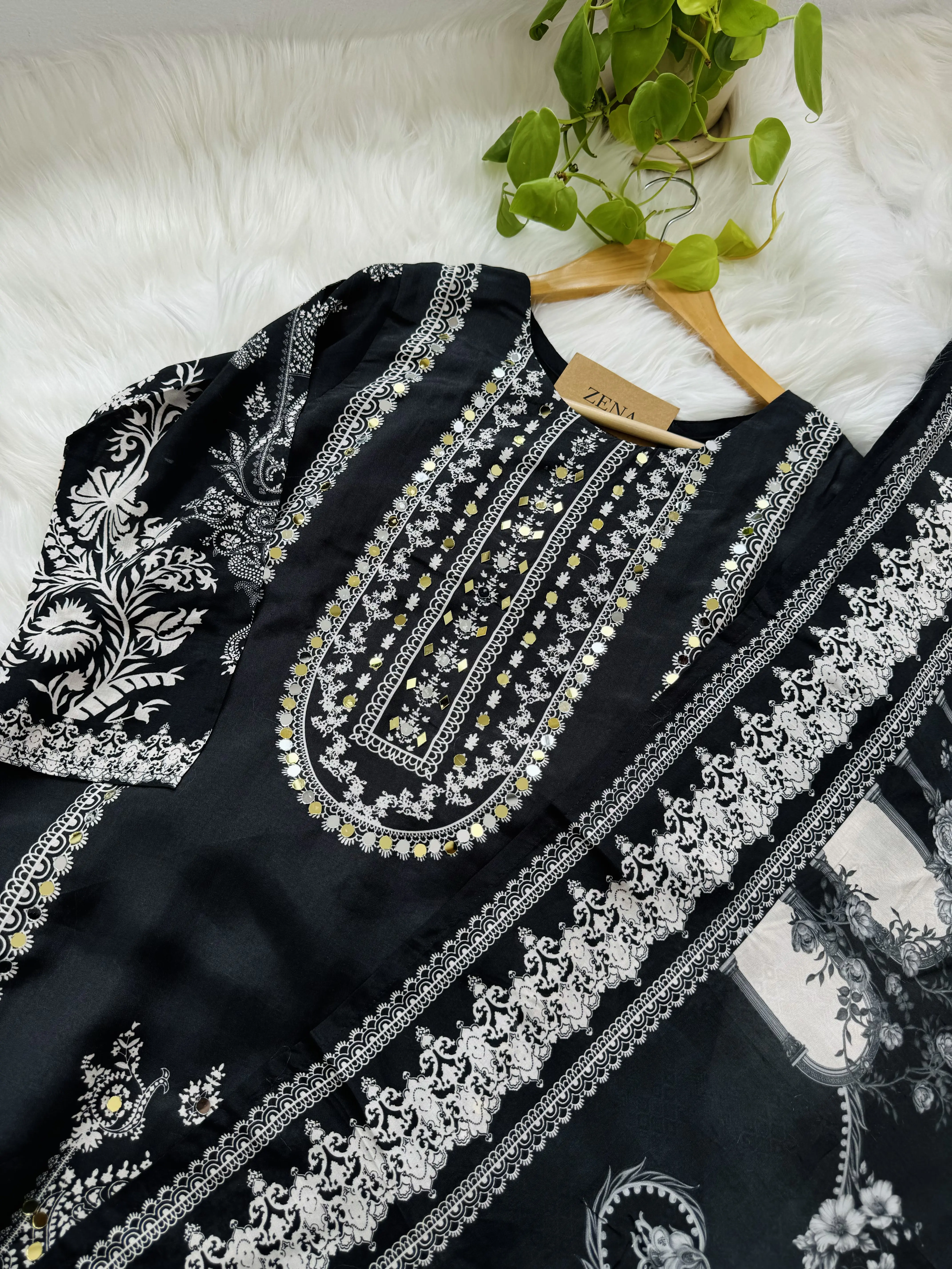 Pure Crepe Pakistani Suit with Real Mirror Work β Glamorous Unstitched Fabric Set