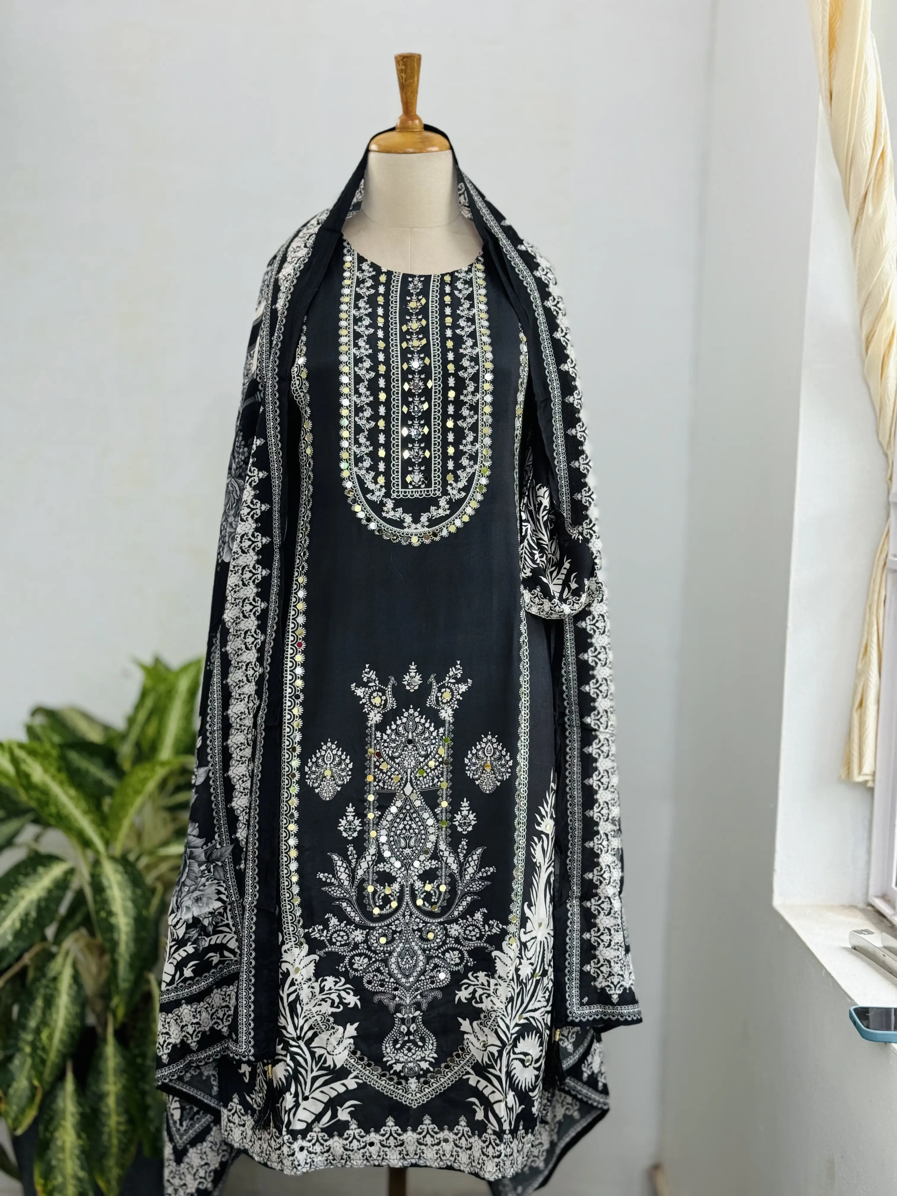 Pure Crepe Pakistani Suit with Real Mirror Work β Glamorous Unstitched Fabric Set - Image 2