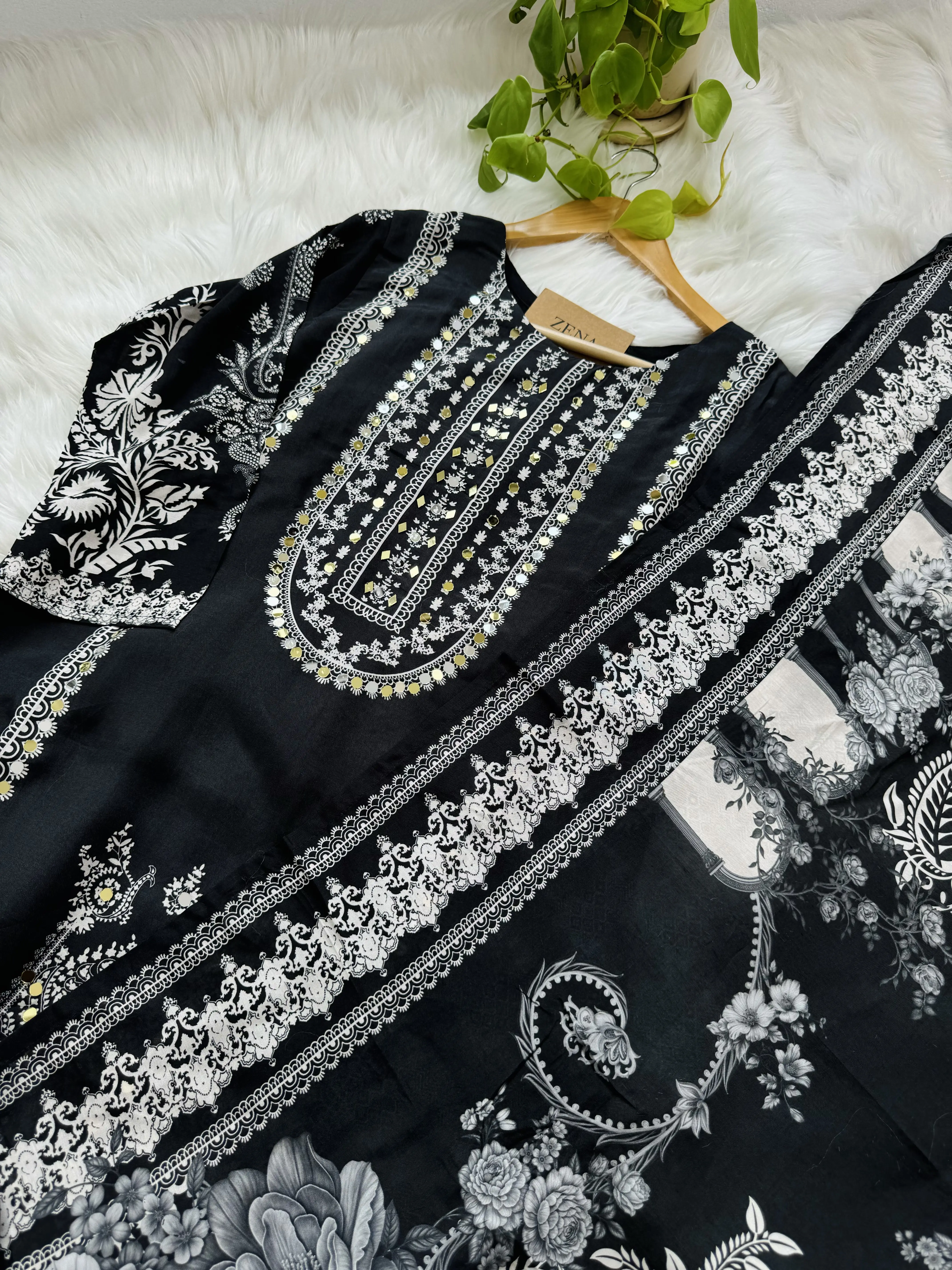 Pure Crepe Pakistani Suit with Real Mirror Work β Glamorous Unstitched Fabric Set - Image 3
