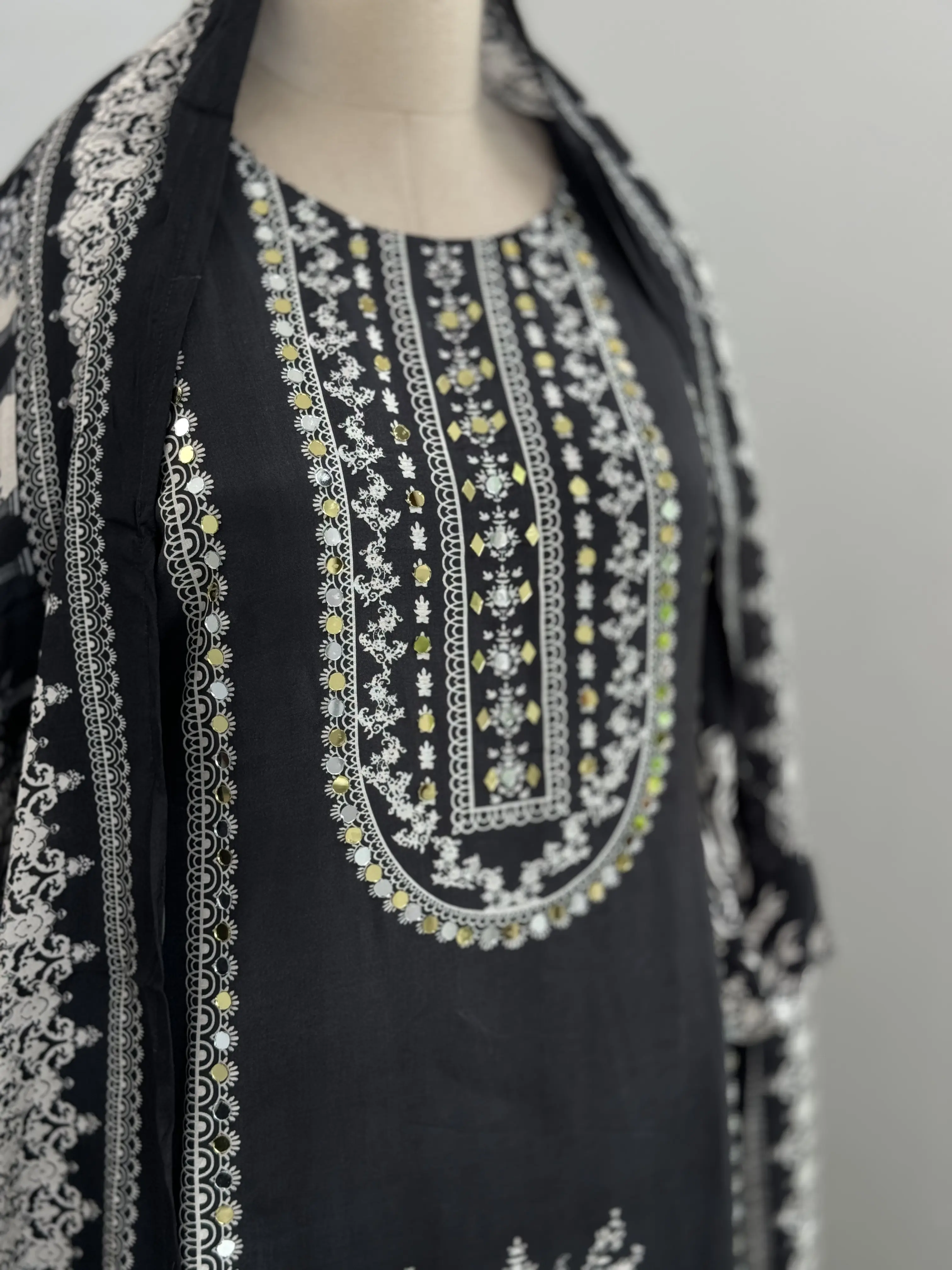 Pure Crepe Pakistani Suit with Real Mirror Work β Glamorous Unstitched Fabric Set - Image 4