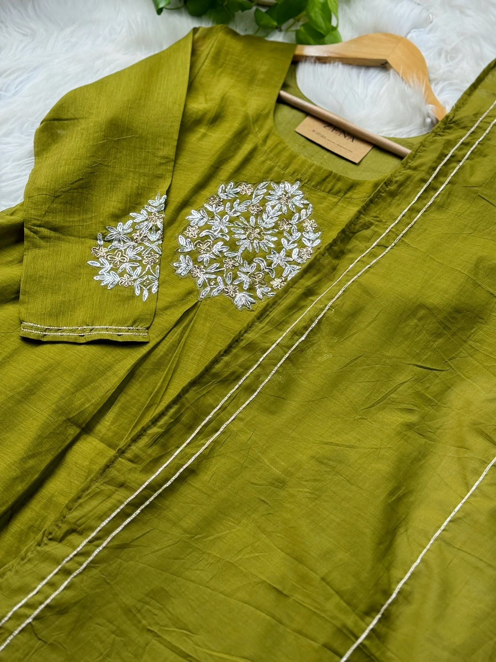 Pure Mul Chanderi Hand-Embroidered A-Line Kurti Set - Image 3