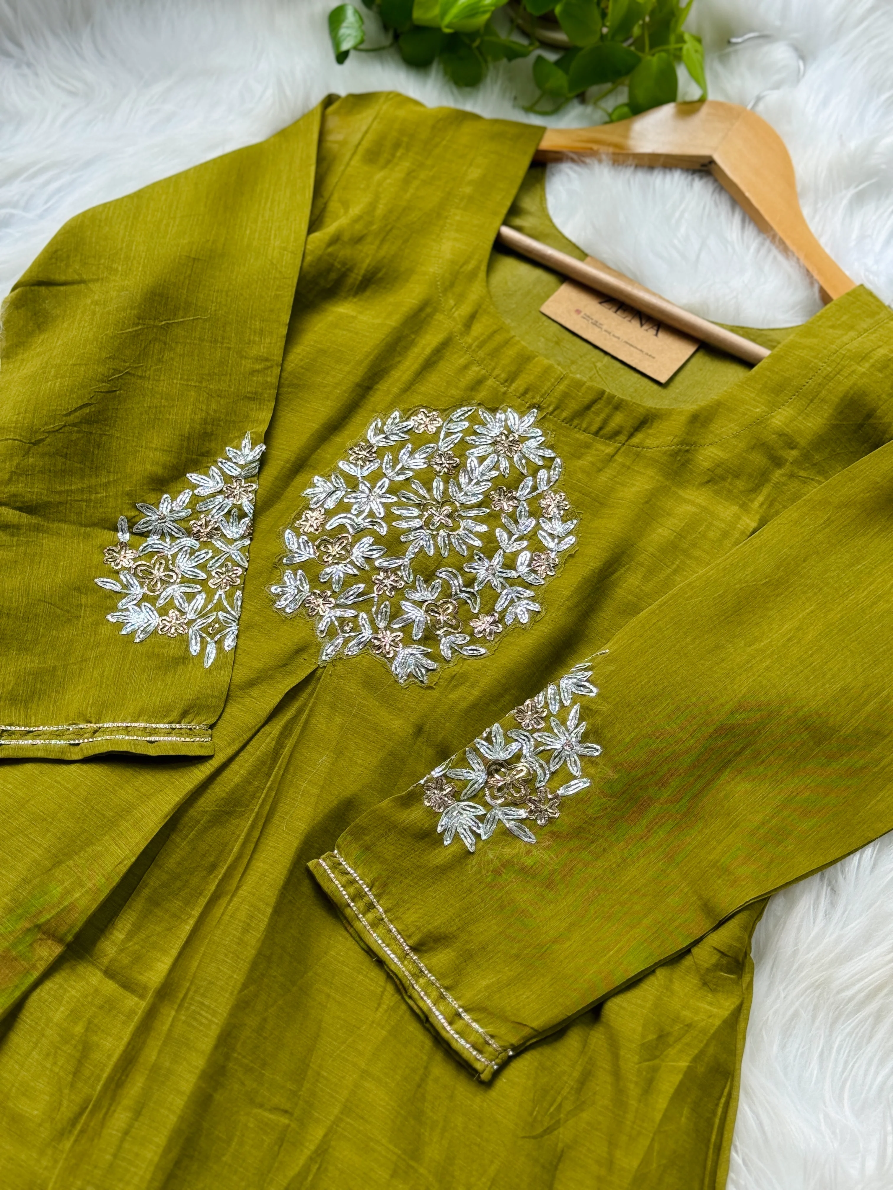 Pure Mul Chanderi Hand-Embroidered A-Line Kurti Set - Image 4