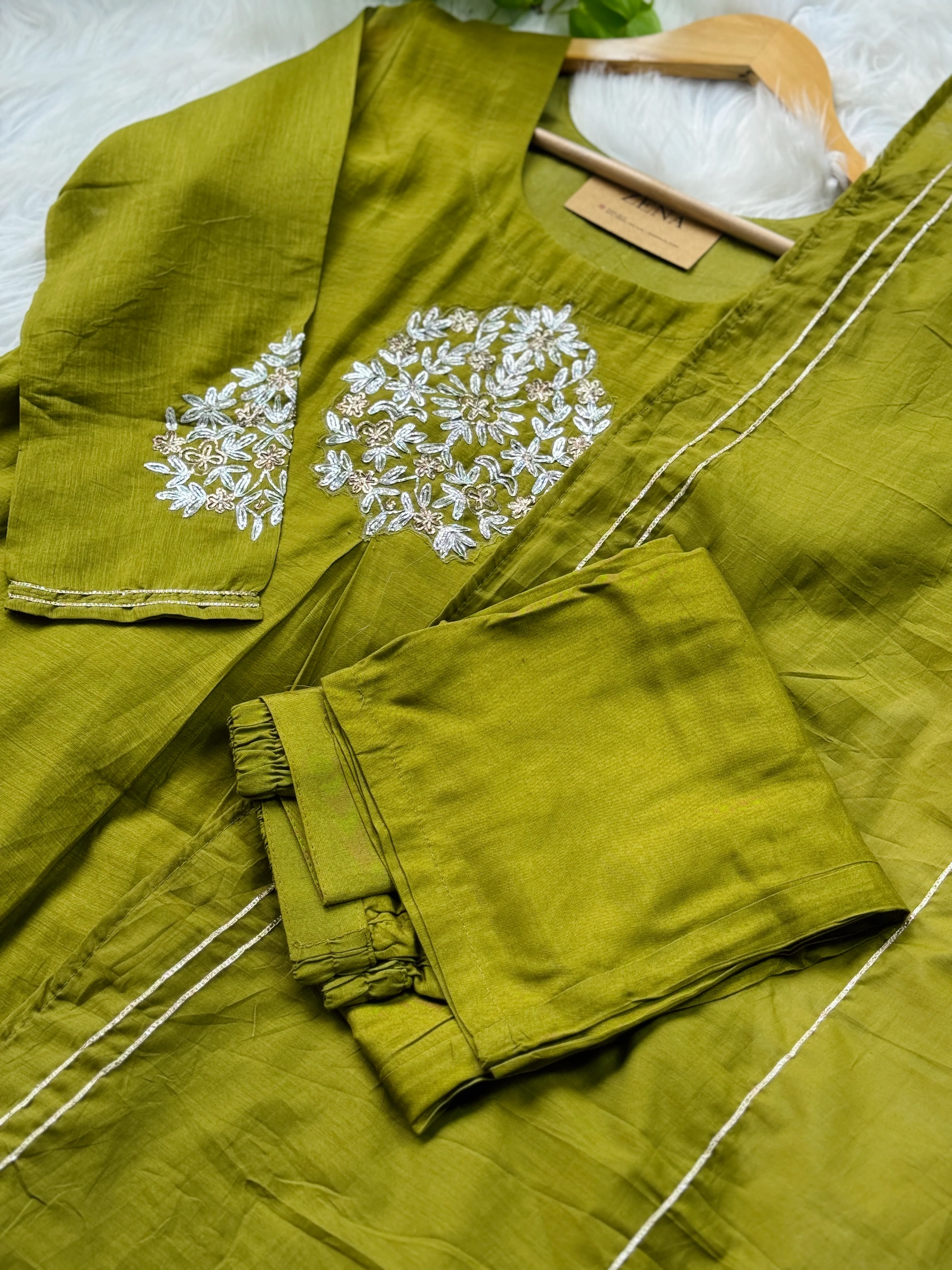 Pure Mul Chanderi Hand-Embroidered A-Line Kurti Set - Image 5