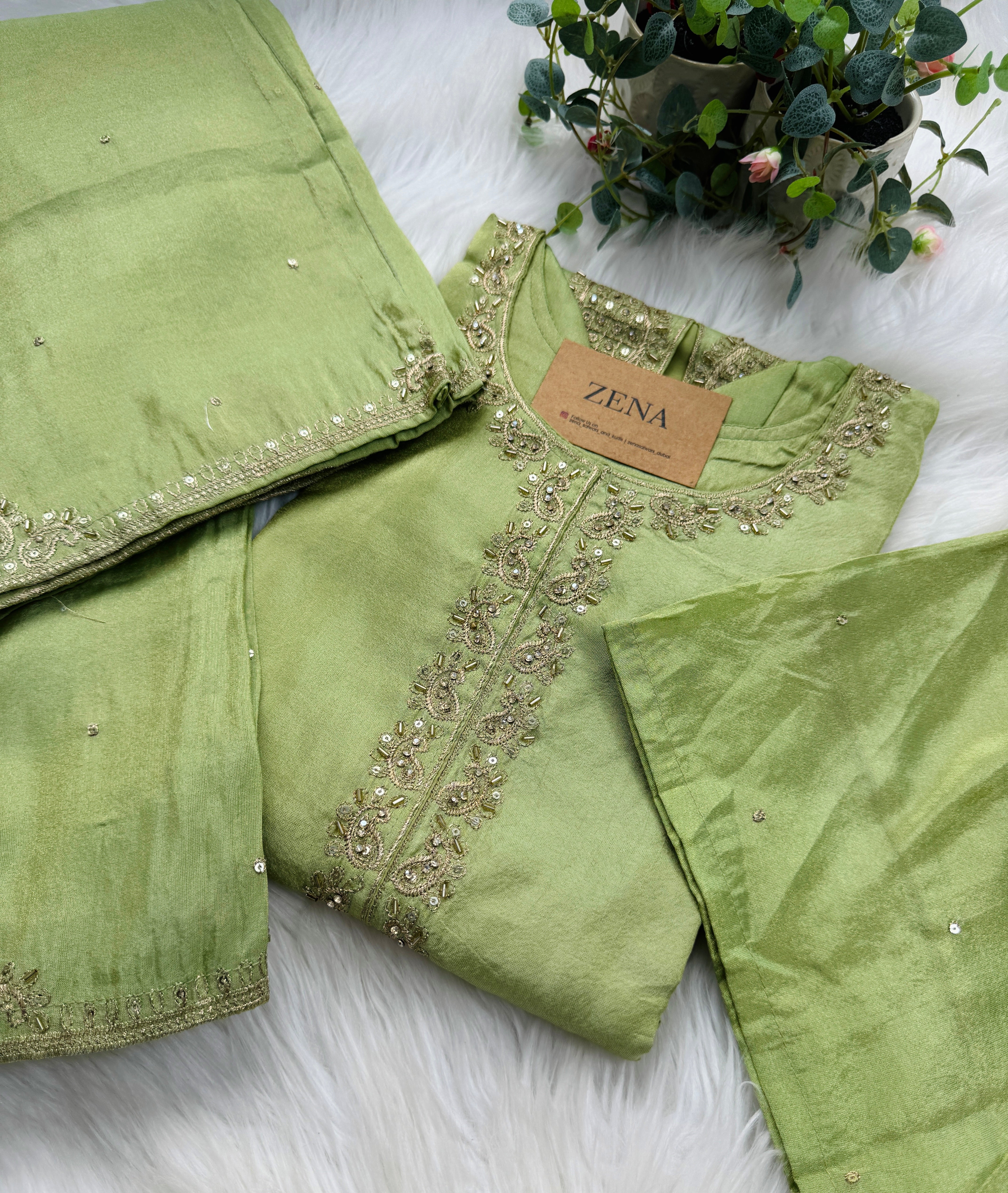 Pure Tissue Silk Hand-Work Party Wear Kurti Set