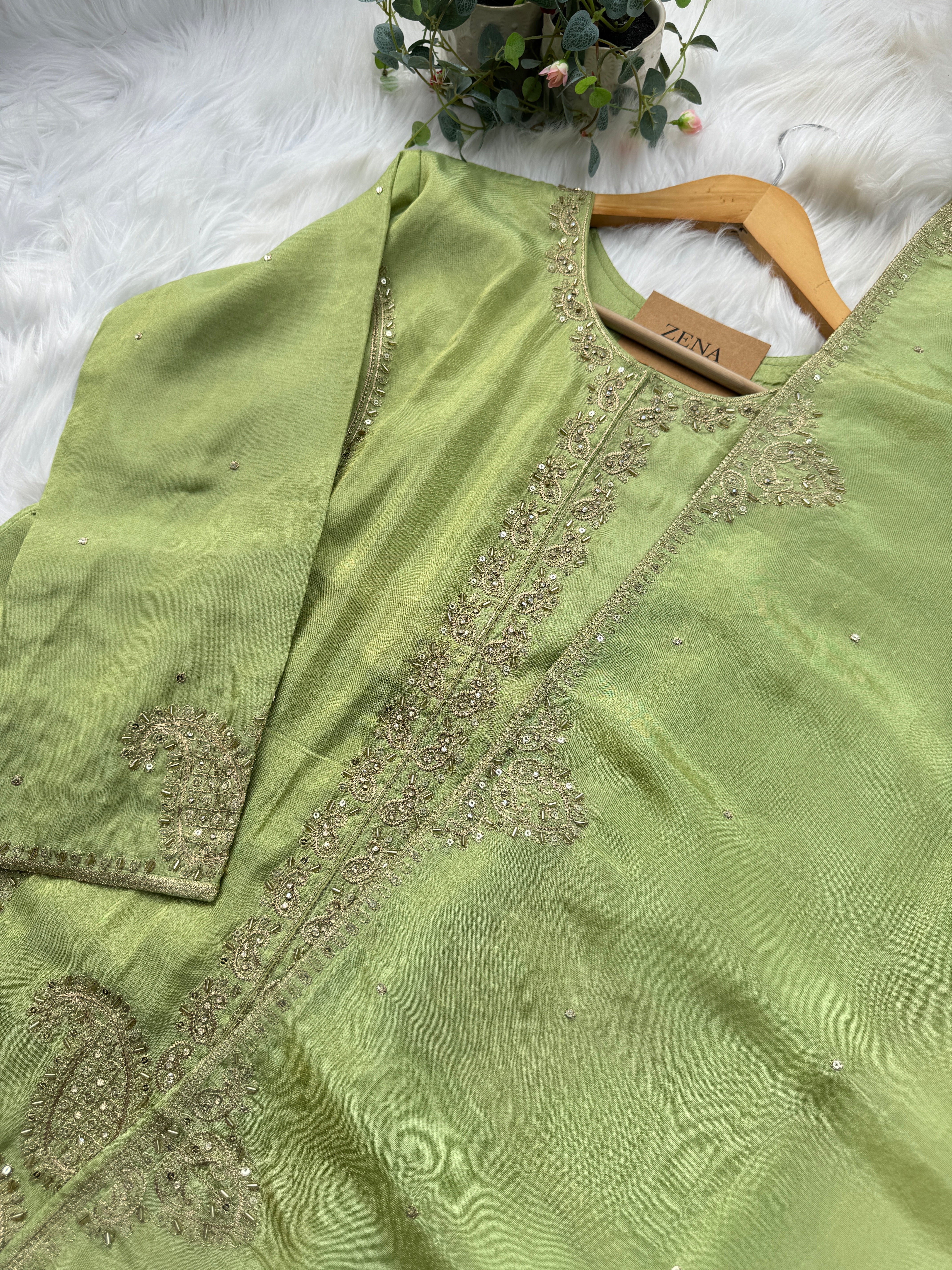 Pure Tissue Silk Hand-Work Party Wear Kurti Set - Image 3