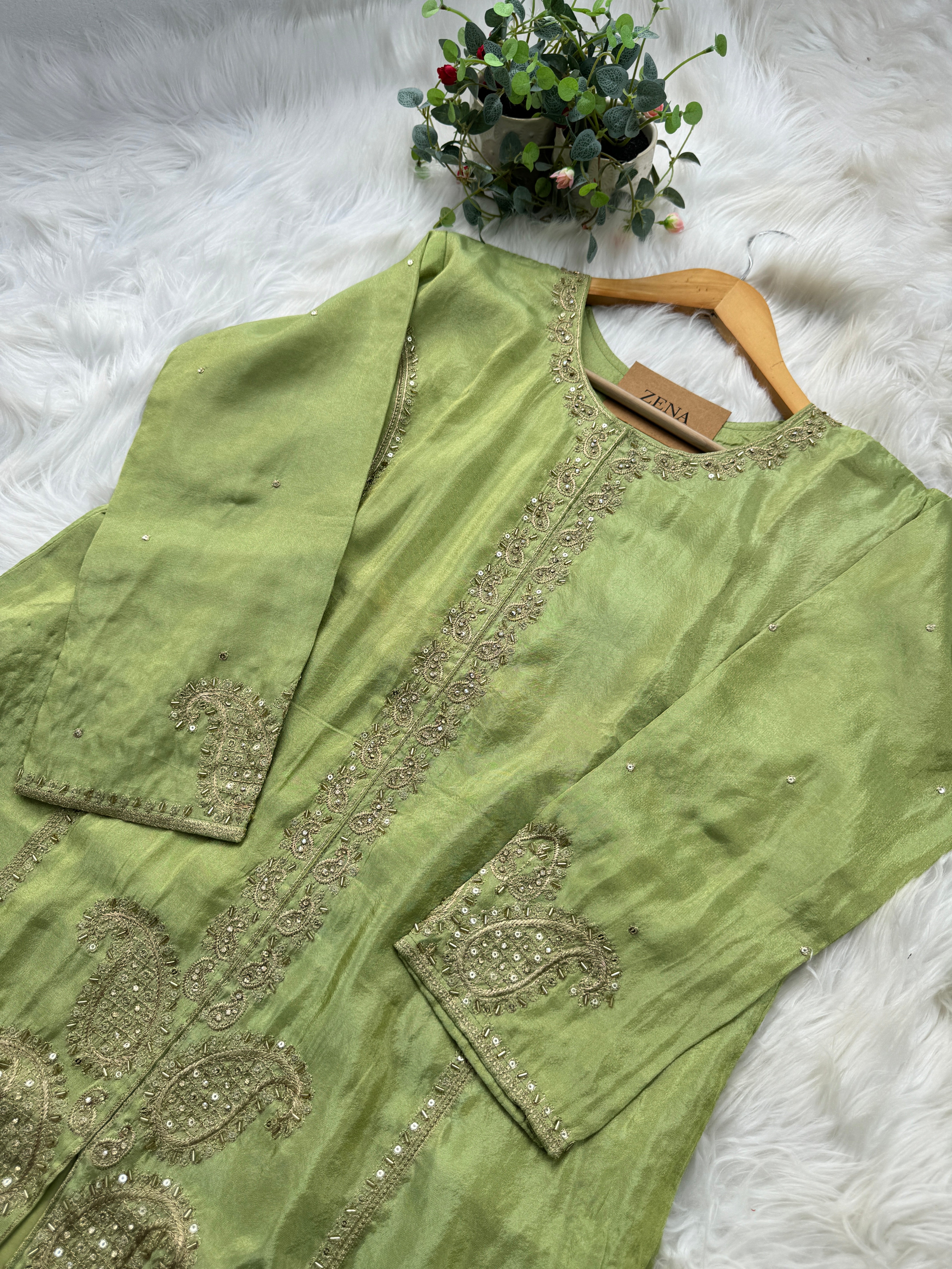 Pure Tissue Silk Hand-Work Party Wear Kurti Set - Image 4