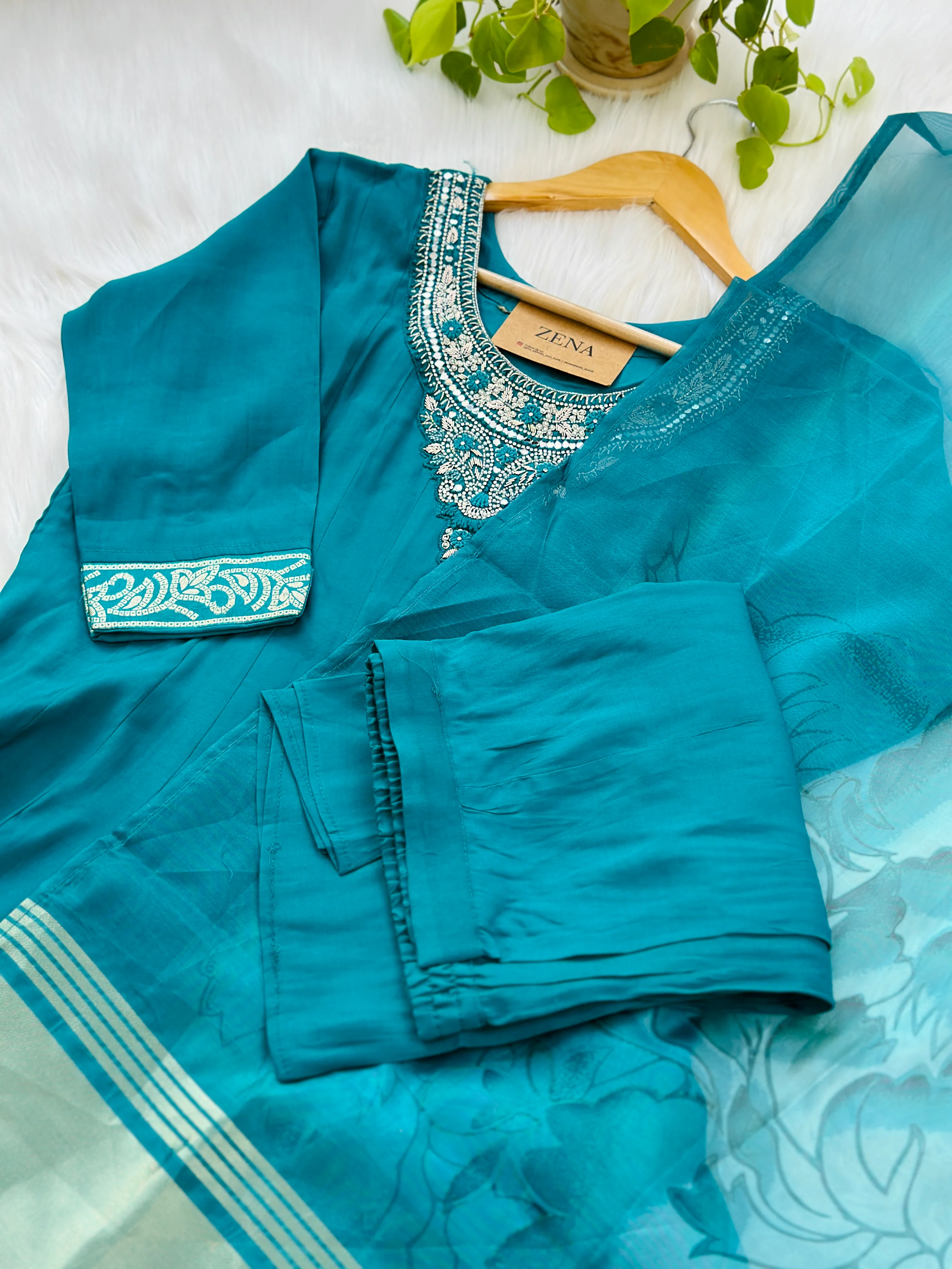 Roman silk hand work Anarkali kurti set - Image 4
