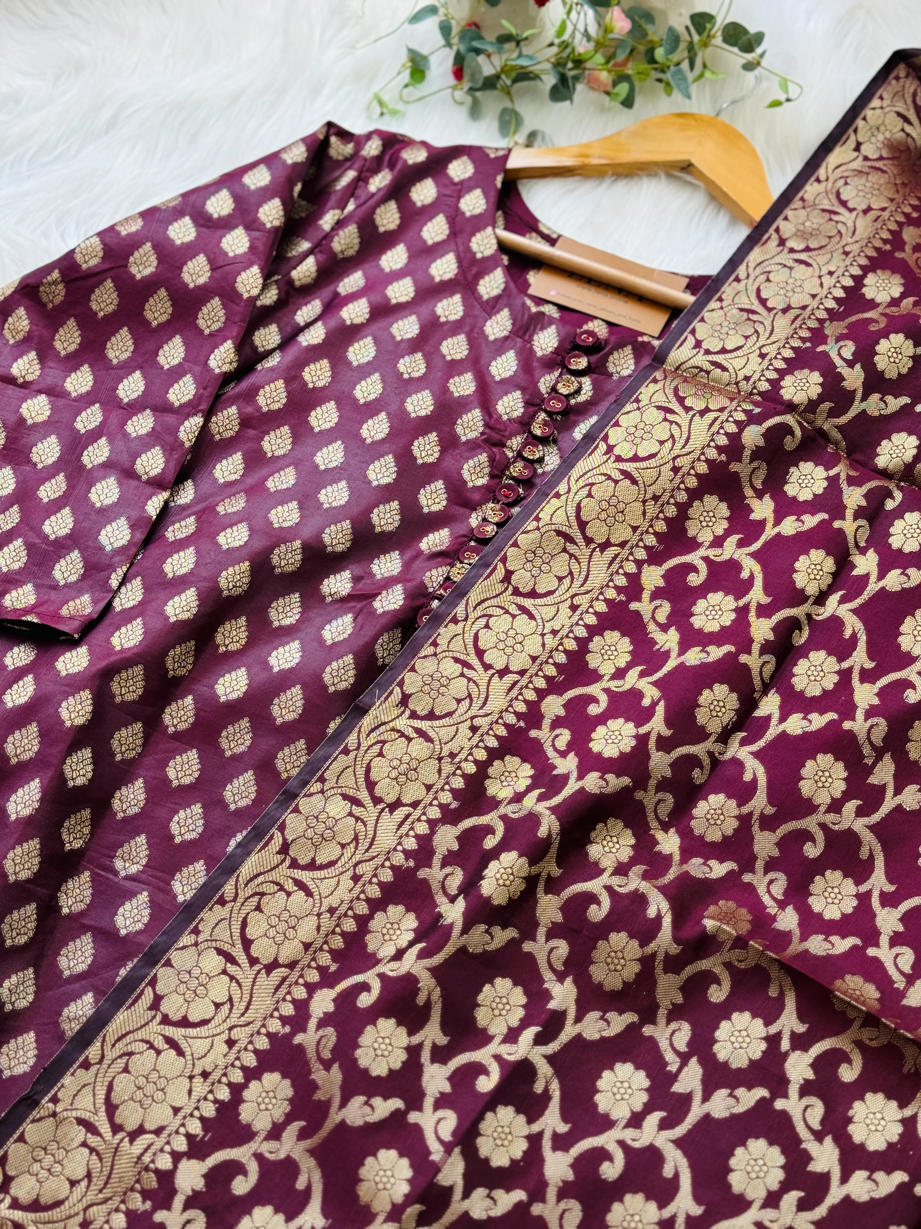 Semi Silk Banarasi Work Kurti Set – Elegant Festive Wear - Image 3